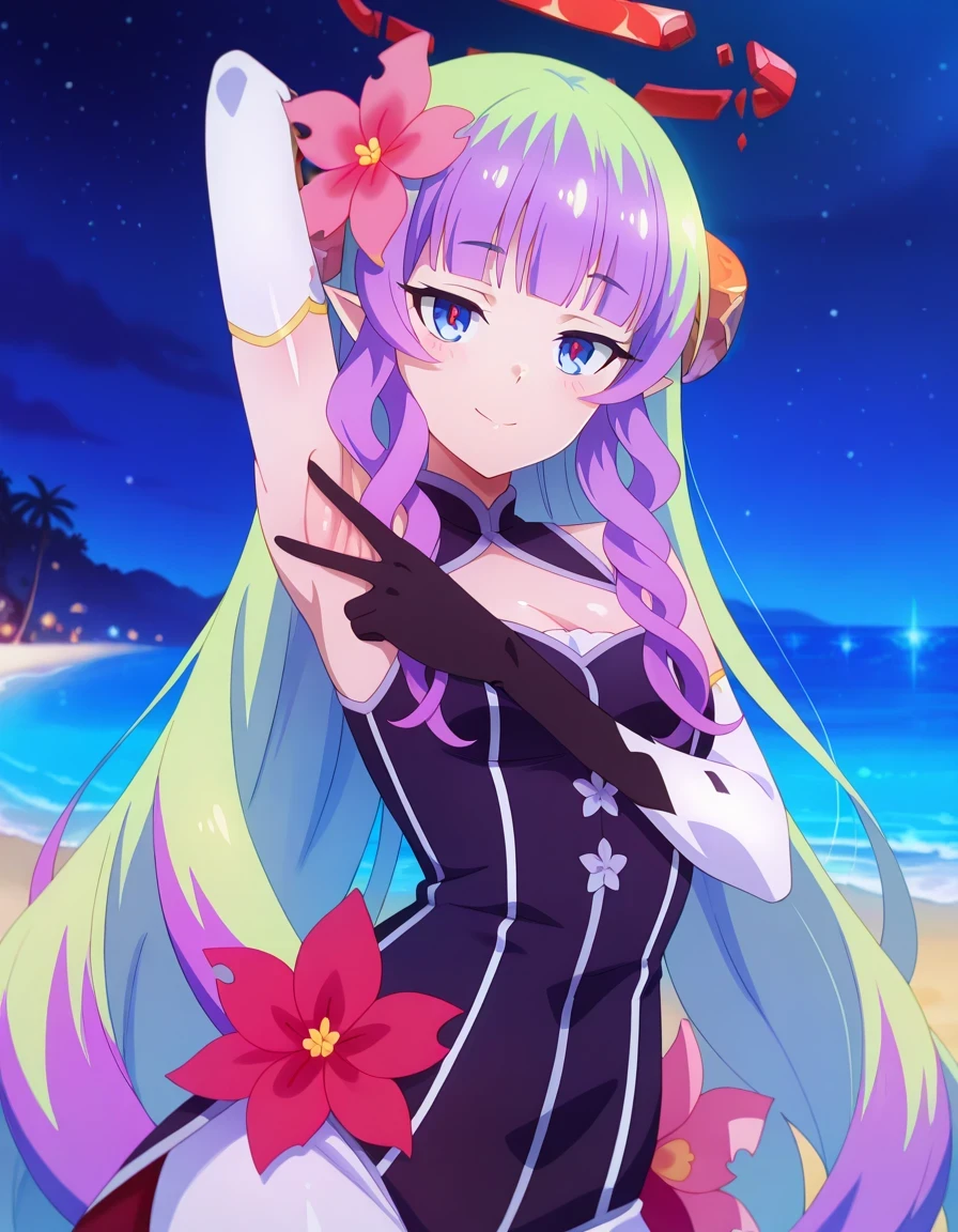anime screencap, masterpiece, drill sidelocks, blunt bangs, multicolored hair, very long hair, blue eyes, red pupils, pointy ears, hair flower, hair ornament, broken halo, bare shoulders, cleavage cutout, elbow gloves, shiny skin, high quality, solo, upper body, (contrapposto), v, spread armpit, presenting armpit, hand behind head, closed mouth, night sky, beach, looking at viewer, smile, best quality