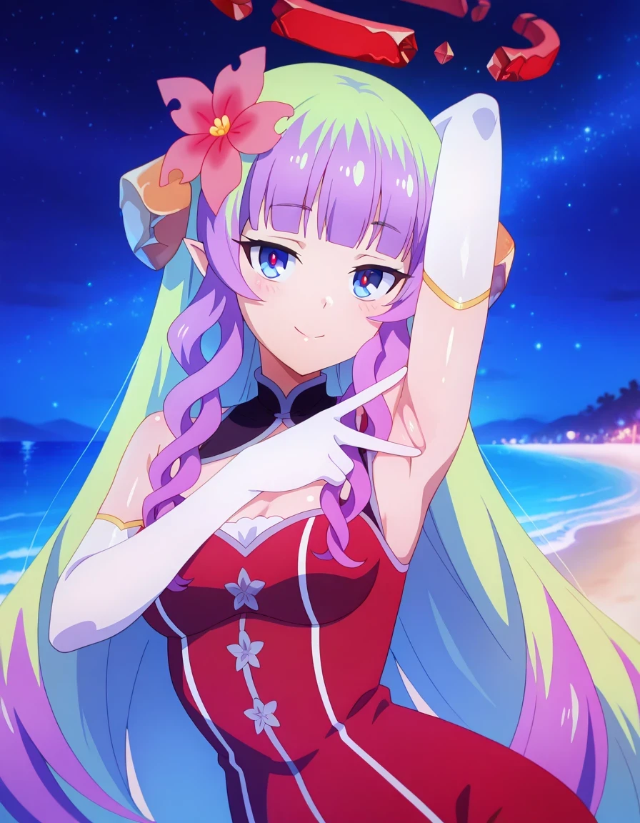 anime screencap, masterpiece, drill sidelocks, blunt bangs, multicolored hair, very long hair, blue eyes, red pupils, pointy ears, hair flower, hair ornament, broken halo, bare shoulders, cleavage cutout, elbow gloves, shiny skin, high quality, solo, upper body, (contrapposto), v, spread armpit, presenting armpit, hand behind head, closed mouth, night sky, beach, looking at viewer, smile, best quality 