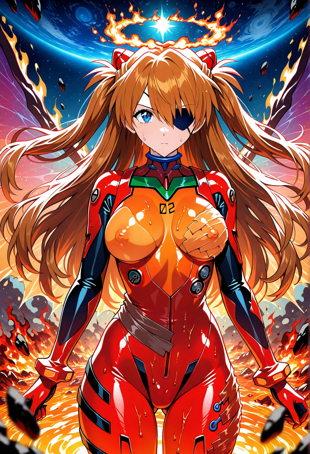masterpiece, best quality, very aesthetic, 1girl, solo, souryu asuka langley, neon genesis evangelion, orange hair, long hair, blue eyes, angry, medium breasts, cleavage, red plugsuit, cowboyshot