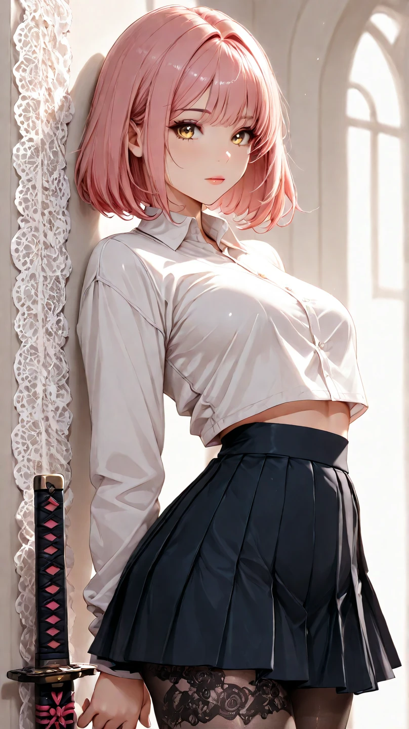 (best quality, 4k, 8k, highres, masterpiece:1.2), Pink Hair、poneyTail、Shorthair。She lifted up her frilly skirt with both hands and revealed her panties.。panties are elegant white。The jacket is a fluffy white sweater。Her breasts are big and beautiful.。Flip up your skirt with both hands.。The top garment is a sweater。Show me your panties。Even more embarrassed, I grabbed my skirt with both hands and gently lifted it up.。