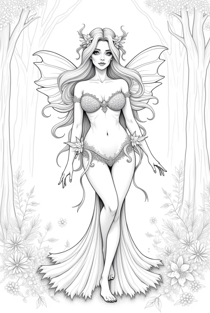 A printable black and white adult coloring page featuring a sexy fairy, clean line art, nsfw, limited shading, white background