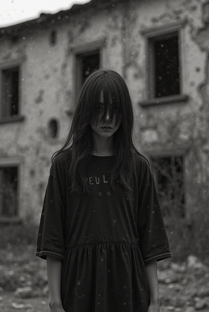 gothic makeup, scratches, bruises, stitches, missing eye, upper body, thick braid, undead, zombie, girl, ruins, 1girl, solo, tattered t-shirt, tattered long skirt, city ruins, ruined street, indoors, monochrome, pretty, small smile, t-shirt, (very small breasts), (flat-chested), fangs, claws, long nails