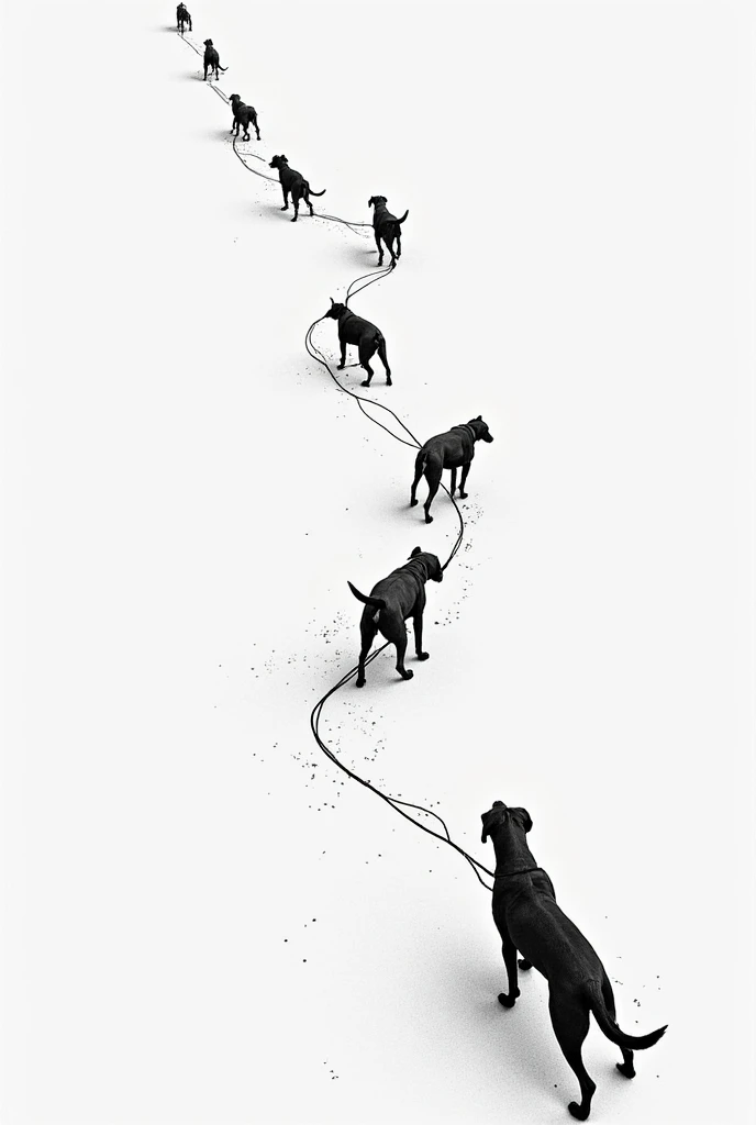 "A continuous line forming several connected stray dogs"
Description: A single line forms several connected stray dogs, highlighting that abandonment is a massive problem.
Message: "One is no problem, thousands yes".
Technique: Continuous line with subtle gradients.
COLORS: Monochrome with gray tones to represent the harshness of street life.