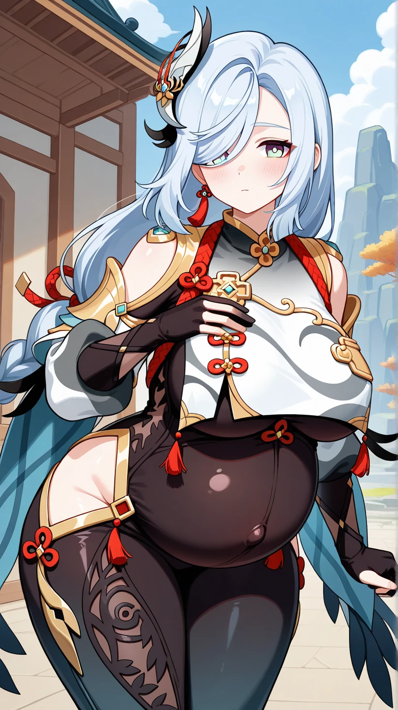 (masterpiece, Highest quality:1.3), Cotton Wings, One girl, alone, View your viewers, Wide Hips, Mature Woman, Mouth closed, Captivating smile, Simple Background, Large Breasts, Upper Body, Cowboy Shot, Thick thighs, Underbust, Red eyes, belly button, armor, Gray Hair, logic, 腹logic, Long Hair, logic fleshy woman