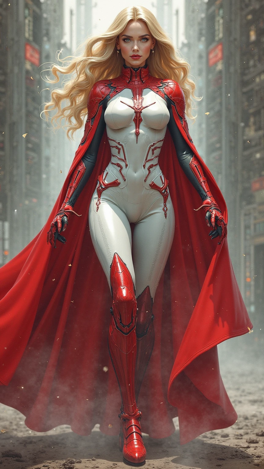 (Masterpiece, 4k resolution, ultra-realistic, very detailed), (White superhero theme, charismatic, there's a girl on top of Chinese mountain, wearing tight bodysuit costume, she's a superhero), [ ((25 years), (long white hair:1.2), full body, (blue eyes:1.2), ((Spider-Man pose),show of strength), ((tranquil mountain environment):0.8)| (landscape, at night, dynamic lights), (full moon))] # Explanation: The Prompt mainly describes a 4K painting of ultra-high definition, very realistic, very detailed. It shows a adeptus woman. The theme in the painting is a white superhero theme, the female protagonist has long white hair, is 25 years old and her entire body is shown in the painting.(( huge perky breasts, deep cleavage 1.8, thick thighs, curvy figure))