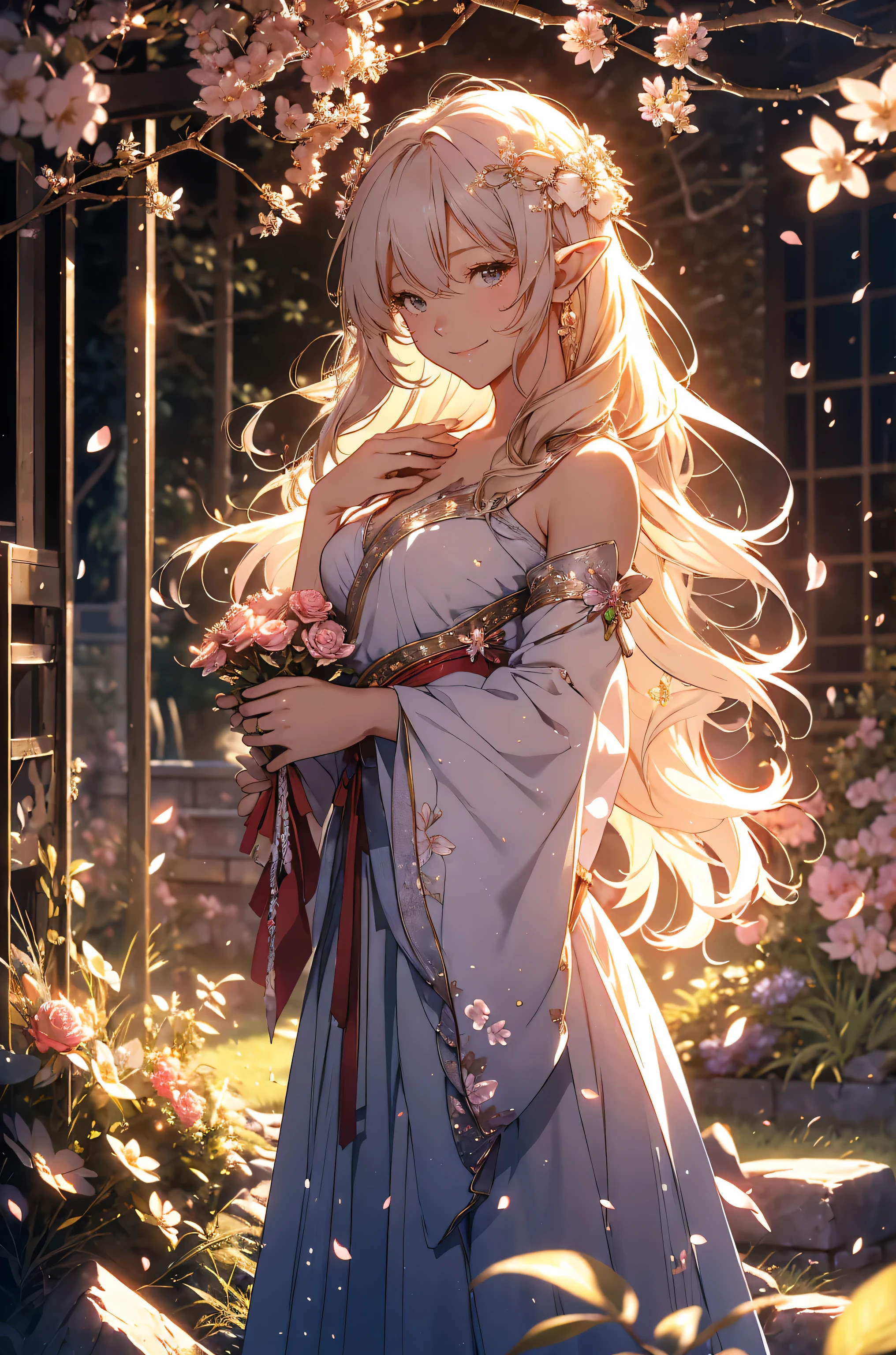 best quality sexy❣️エロティシズム!mystical 、(cowboy shot ) 1 WOMAN cute smile!smile! gentle gaze , beautiful 、elf ears、 胸囲130 美しい beautiful skin 、sexy、 美しい胸の肌!beautiful太もも、美脚‼️スラリとしたモデル体型、 music Healing simple lawn composition fantasy world、西洋ファンタジー 風に flower、 beautiful Green grass Beautiful Rose Hedge flower pot Many kinds of flowers Mr..々flower butterfly々 cherry blossoms、cherry blossoms舞い散る、
Keep it simple beautiful brilliance 、long golden hair、The strongest beautiful decorative flower sexy dress、 calm atmosphere 、 petals、 open 、 Beautiful young body 、 big 、beautiful skin, 、beautiful brilliance, high definition depiction , Realistic Fantasy Romanticism ,, ultimate beauty moving!high resolution,