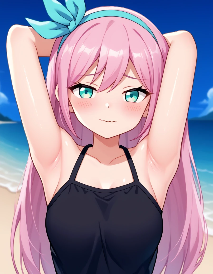 aubreyomori, aqua eyes, pink hair, hairband, long hair, black shirt, sleeveless, game screencap, shiny skin, high quality, solo, upper body, (contrapposto), spread armpit, armpits, armpit focus, hand behind head, closed mouth, night sky, beach, looking at viewer, wavy mouth, shy, best quality