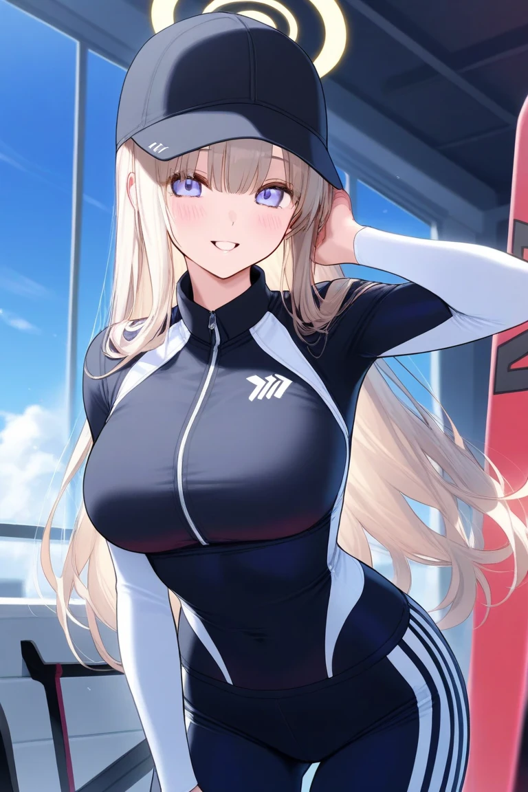 a detailed masterpiece portrait of a beautiful blonde woman with green eyes wearing a racing suit, extremely detailed face and figure, long hair, photorealistic, professional lighting, vibrant colors, cinematic composition, big breast, sensual Perfect body