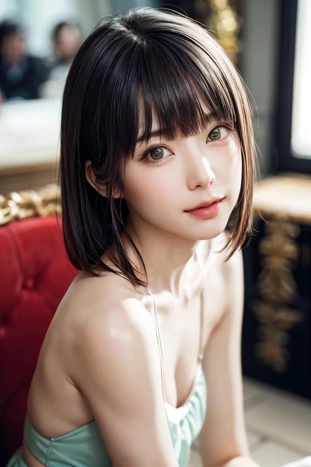 (A hyper-realistic, hight resolution), (Highly detailed beautiful face of one young girl), Great look and best quality:1.4), (Ultra-detailed), (extremely detailed CG unified 8k wallpaper), Highly detailed, High-definition raw color photos, Professional Photography, Realistic portrait, Amazing face and eyes, Kabukicho pink eyeshadow, tokyo prefecture:1.3), (Fashion in tokyo prefecture Kabukicho:1.2), Mini skirt, Brown hair, depth of fields, Midnight Kabukicho (Squatting:1.1), (:1.4), (((Bokeh))), depth of fields, (View from below:1.15),Wearing a black mask