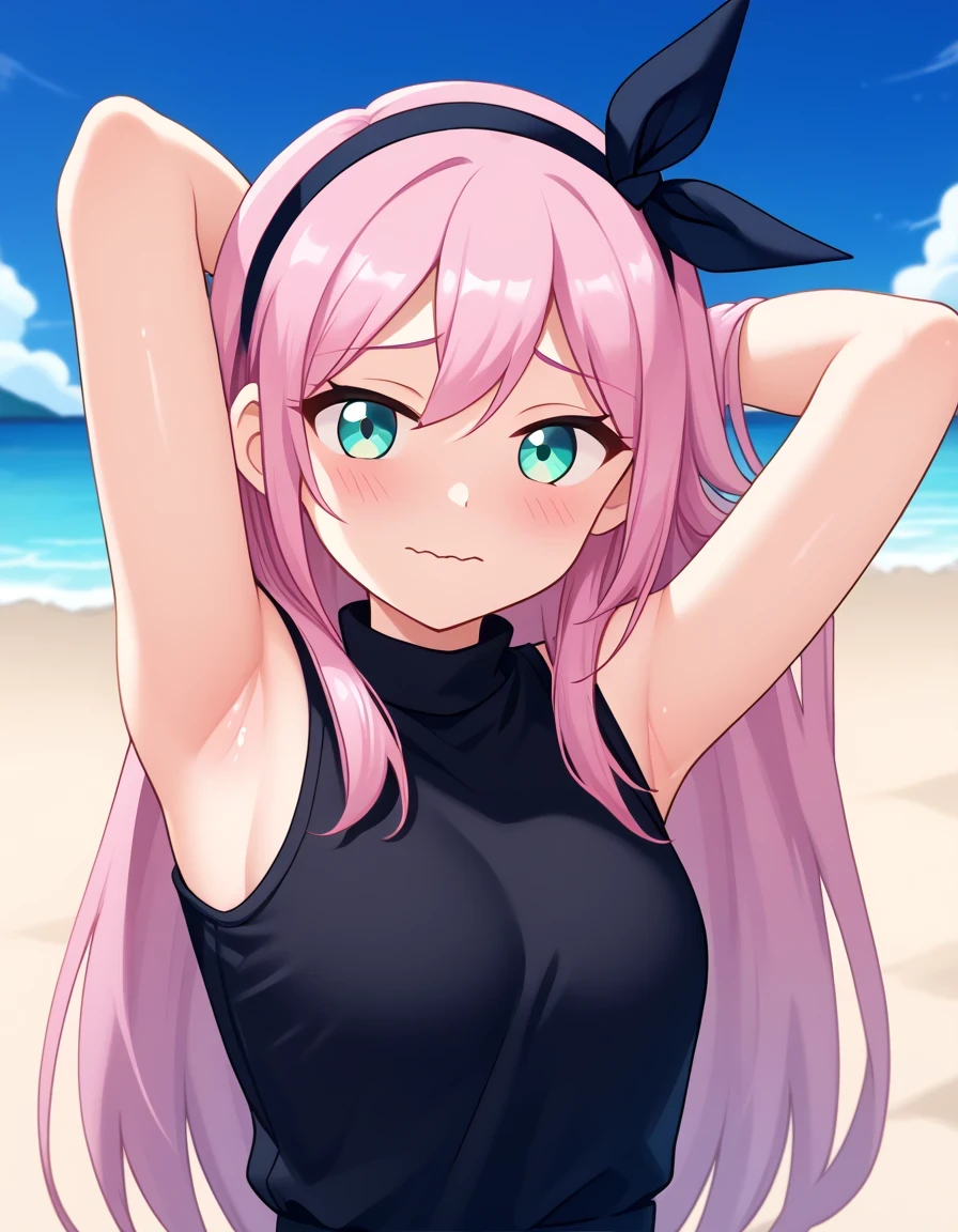 aubreyomori, aqua eyes, pink hair, hairband, long hair, black shirt, sleeveless, game screencap, shiny skin, high quality, solo, upper body, (contrapposto), spread armpit, armpits, armpit focus, hand behind head, closed mouth, night sky, beach, looking at viewer, wavy mouth, shy, best quality