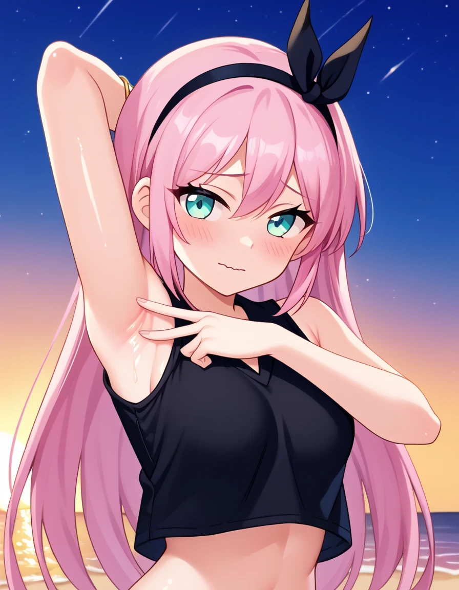 aubreyomori, aqua eyes, pink hair, hairband, long hair, black shirt, sleeveless, game screencap, shiny skin, high quality, solo, upper body, (contrapposto), spread armpit, armpits, armpit focus, hand behind head, closed mouth, night sky, beach, looking at viewer, wavy mouth, shy, best quality