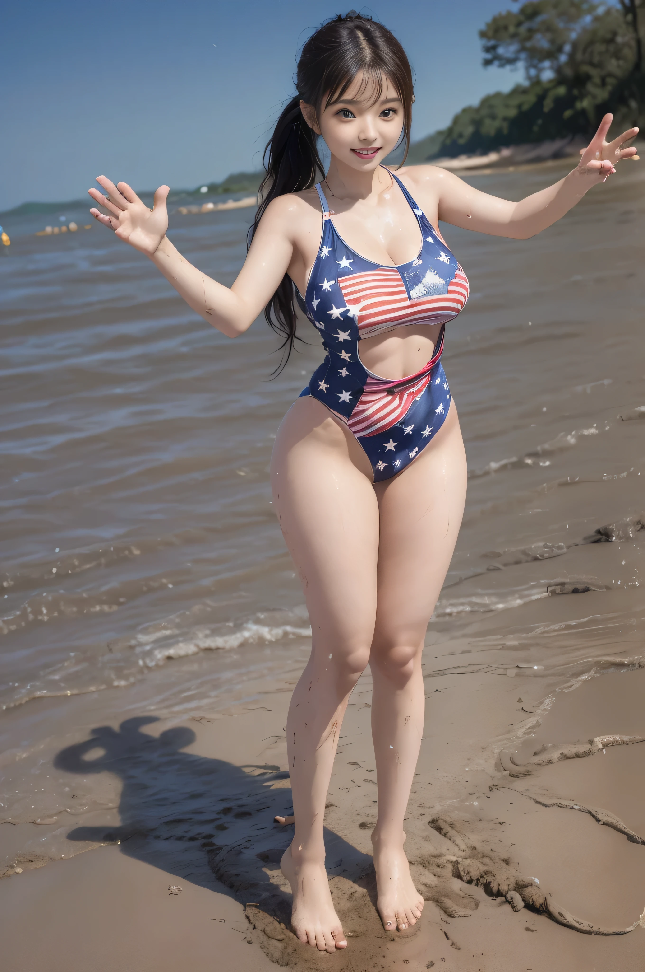 realistic, 8K, masterpiece, best quality, style korea, One full body beautiful model girl, Surreal dramatic lighting shadows, sexy pose, big bust, swelling chest, (compliment, analog), detailed splash, 1 woman, perfect face, big ass, sexy smile, ((Highly exposed glitter side slit American flag picture swimsuit)), cool breeze, ((In the background is Niagara Falls, USA., standing)), looking behind the woman, You can see Niagara Falls clearly and in perspective., bright sunlight, Thighs visible, Clear Pussy Marks, ax marks, spread your legs, perfect eye, looking at viewer, (real skin texture:1.3),earring, pendant, Looking straight at the camera, It looks like it&#39;s between the legs, start from below, Very sexy woman,