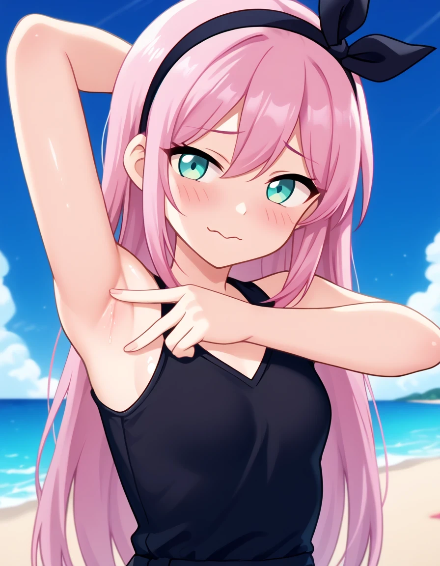 aubreyomori, aqua eyes, pink hair, hairband, small breast, long hair, black shirt, sleeveless, game screencap, shiny skin, high quality, solo, upper body, (contrapposto), spread armpit, armpits, armpit focus, hand behind head, closed mouth, night sky, beach, looking at viewer, wavy mouth, shy, best quality