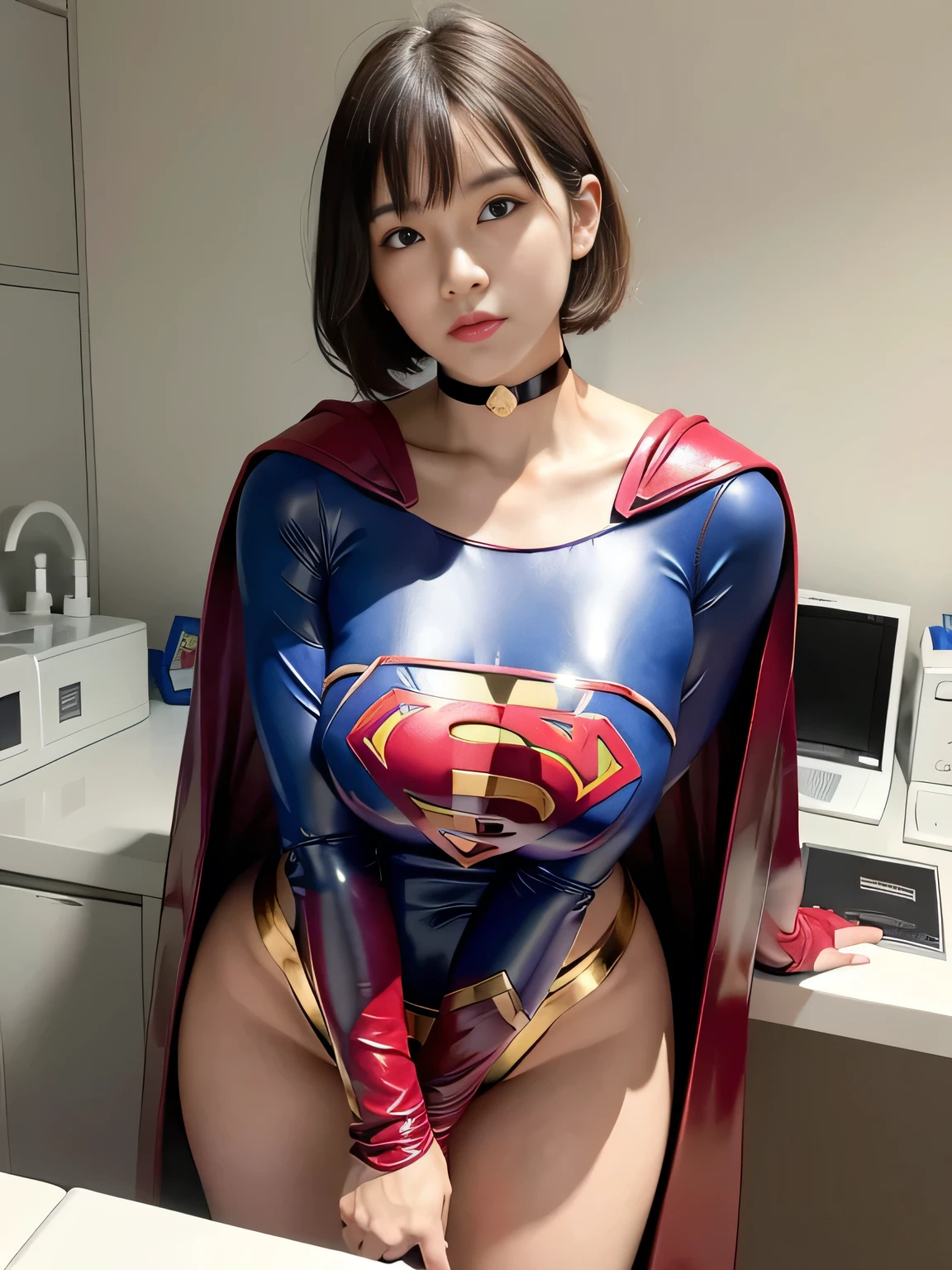 masterpiece、Rubber Supergirl Costume、short hair、Red rubber long boots、Big and ample breasts、looking at the camera、choker、Long sleeve、Cape、mini skirt、Off the shoulder、Sweaty skin、Hospital room、Photo magazine cover、Boasting beautiful legs、Standing pose、Knee-length boots、wallpaper for pc、