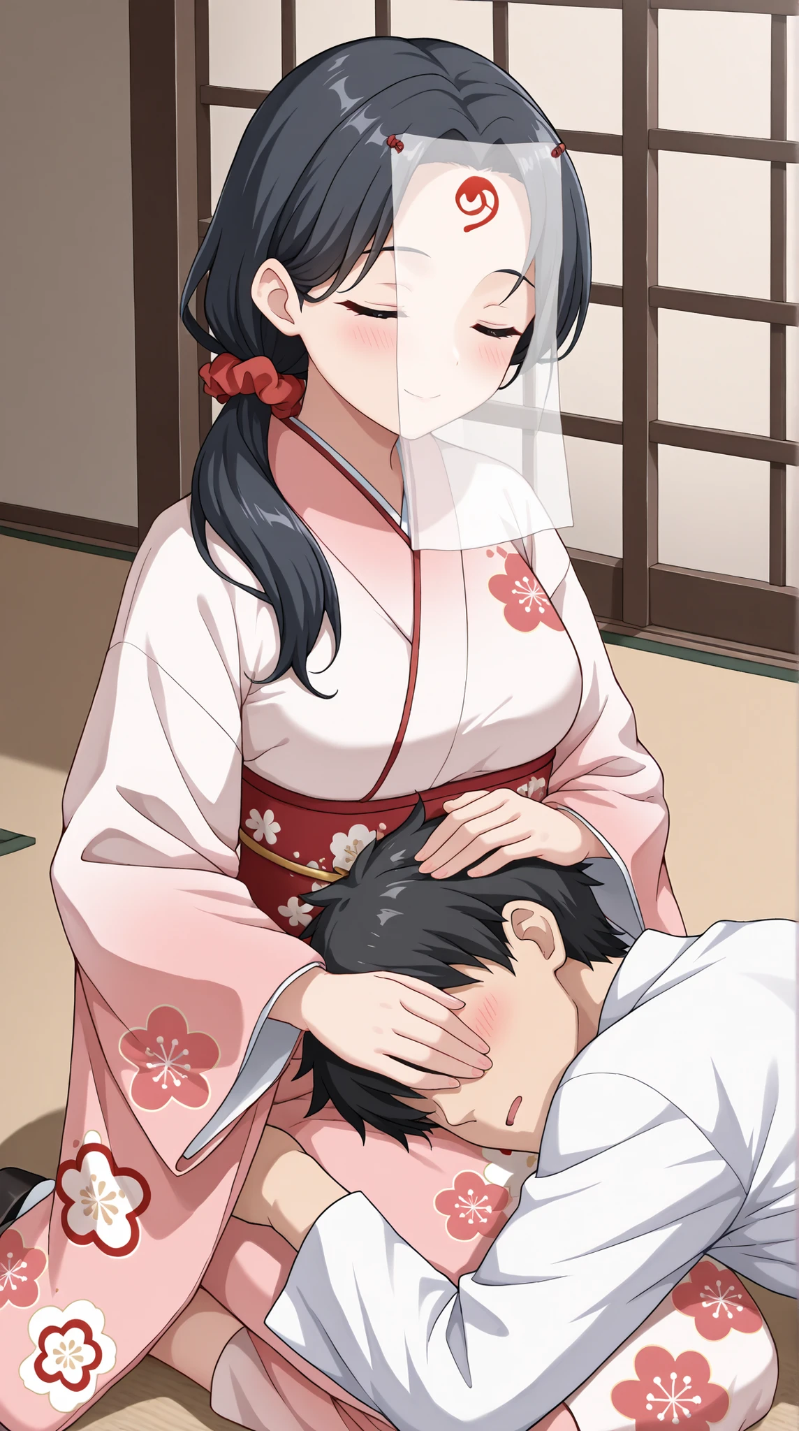 score_9,score_8_up,score_7_up, Anime-style character, source_anime, beautiful color amazing quality, facing viewer, close up, upper body, Shooting from the person, 1girl, 1oy, BREAK , 1girl, solo, 30-year-old, pretty face, cute, beautiful, smooths skin, mature woman, kimono (red scrunchie, pastel color kimono, print kimono, floral print, obi, furisode, wide sleeves, long sleeves:1.3), faceless, full face veil (white, Light-tight veil, covered face, covered eyes and mouth:1.1), black hair, parted bangs, hair behind ear, long hair, low ponytail, medium breasts, slim body, inverted triangle figure, sitting on a zabuton, seiza, head tilt, anime girl with happy look, cheerful, wholesome, blush, BREAK , 1boy, from side, black hair, casual (white shirt:1.3), he closed eyes, he sleeping, lap pillow , lying , sitting , kneeling , hand on another's head , BREAK , (perfect anatomy, perfect proportions, perfect figure:1.3), (background : indoors, tatami room, extra details).
