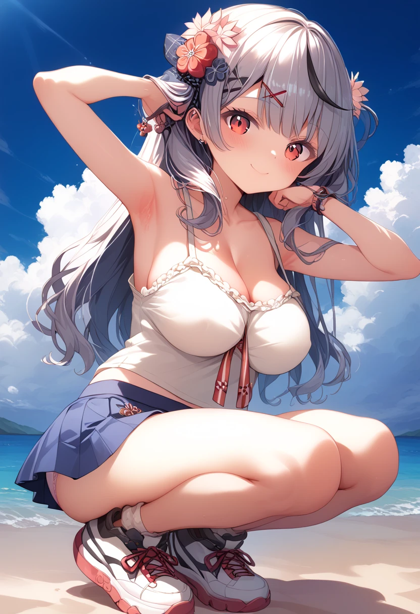 ((Best quality)), ((Masterpiece)), ((Ultra-detailed)), (illustration), (Detailed light), (An extremely delicate and beautiful),A charming young girl,Pink swimsuit,Straw hat top,Swimming,scythe