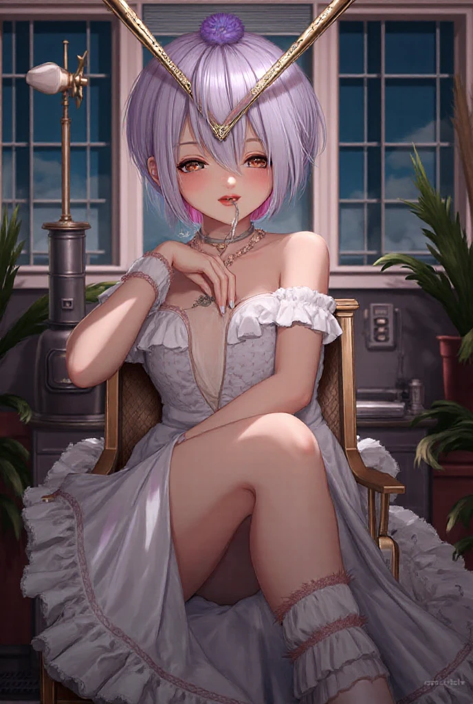 character strictly with two legs, ((masterpiece)), ((best quality)), ((ultra detailed)), delicate, (ultra realistic), 16k wallpaper, ((extremely detailed)), ((american shot)), variety of poses, ((no bra)), (tits exposed), ((1girl)), angelic face, very young, short, glass eyes, purple eyes, oily lip, extremely long hair, fluttering in the wind, ((anatomically shaped legs correct) ), ((anatomically correct hands)), perfect hands, (five fingers), (detailed face), (perfect butt), (perfect face), (perfect body), extremely, ((small breasts)), has a loving gaze, an expression of longing, intricate flower hair ornaments, (black choker, detailed gold and diamond pendant), ((heels tall)), A huge antique clock, gears, pendulums, antique numbers on the floor, antique porcelain vases, dried flowers in jars, rows of antique wine bottles, antique furniture. fine porcelain, small decorative figures, antique painted paintings,