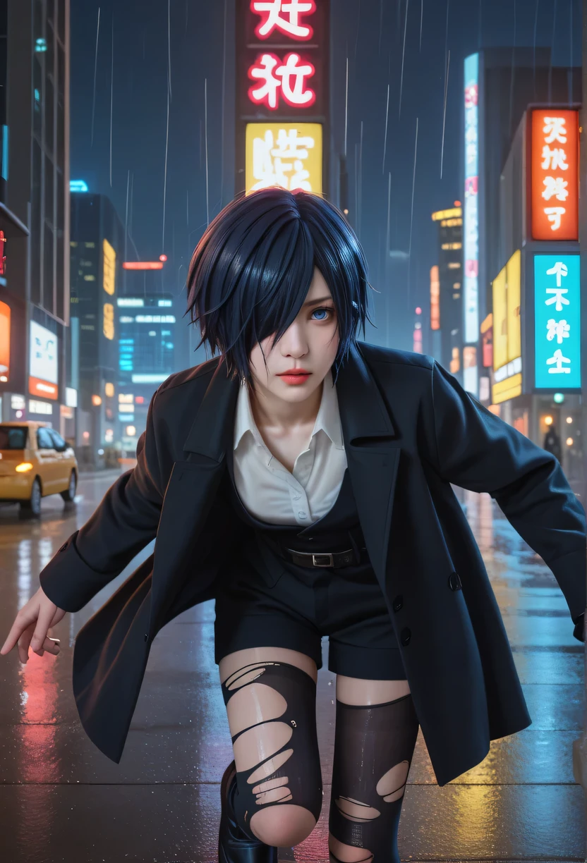 "A dark, rainy cityscape at night, with neon lights reflecting off the wet streets. In the center stands Touka Kirishima from Tokyo Ghoul, with a melancholic and contemplative expression, dark blue hair covering the left eye , dark blue eye,. She wears a long black coat over a white shirt, with a torn stocking on one leg,. Her hand is stained with a bit of blood, yet she delicately, symbolizing purity and hope. The atmosphere is cold and mysterious, reflecting her inner struggle and emotional strength."