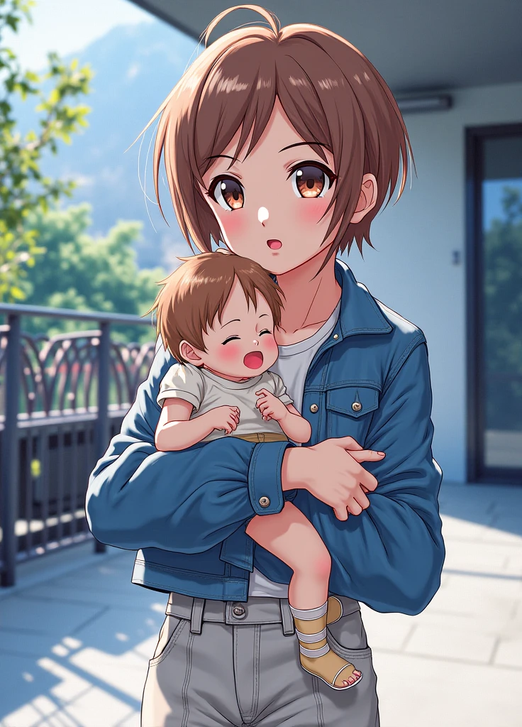 young boy sitting on his mom's lap, shorts, outdoor cafe background, 1child, 1boy, 1mom, mother and son, best quality, masterpiece, highres