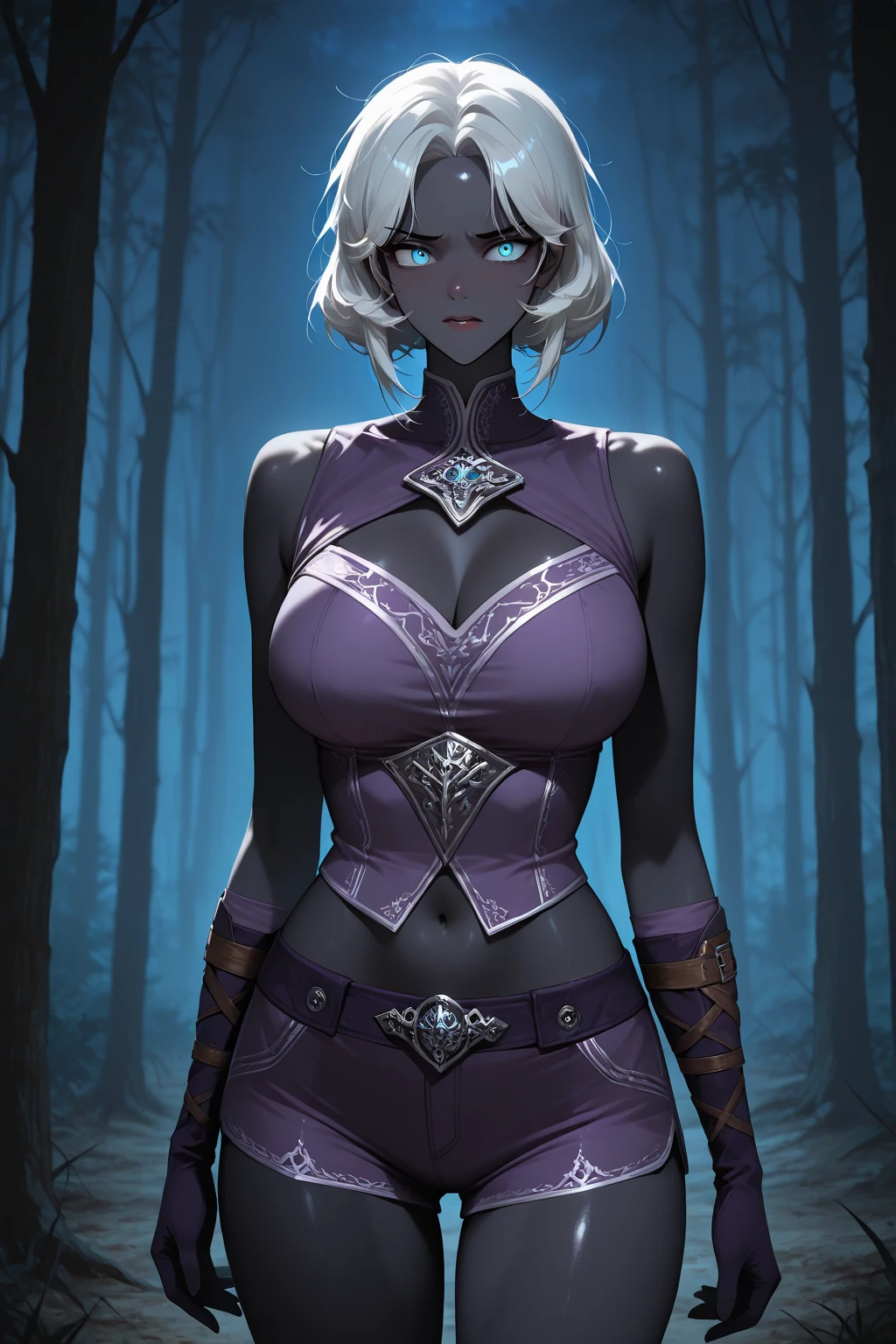 Seraphina Shadowmere is a striking figure with flowing obsidian locks that cascade down her back, contrasting against her pale, porcelain skin. Her piercing indigo eyes hold a hint of both sorrow and determination, reflecting the weight of the cursed kingdom's plight. Standing tall and graceful, she moves with an ethereal elegance, almost as if the shadows themselves dance to her silent command.