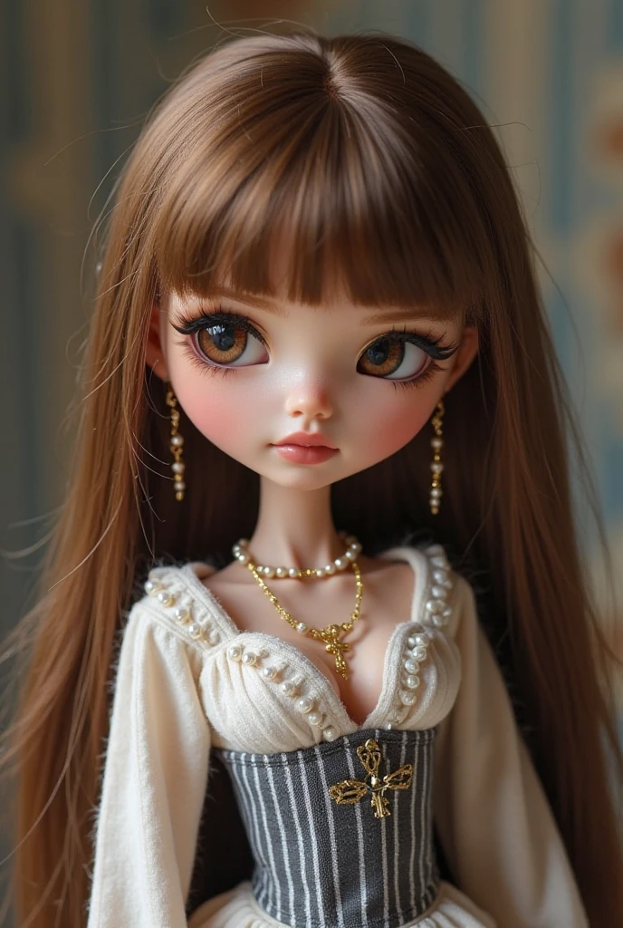 Blythe doll, wavy black hair, brown skin, big lips and refined nose, big dark eyes, with pearl earrings and pearl necklace and black clothes
