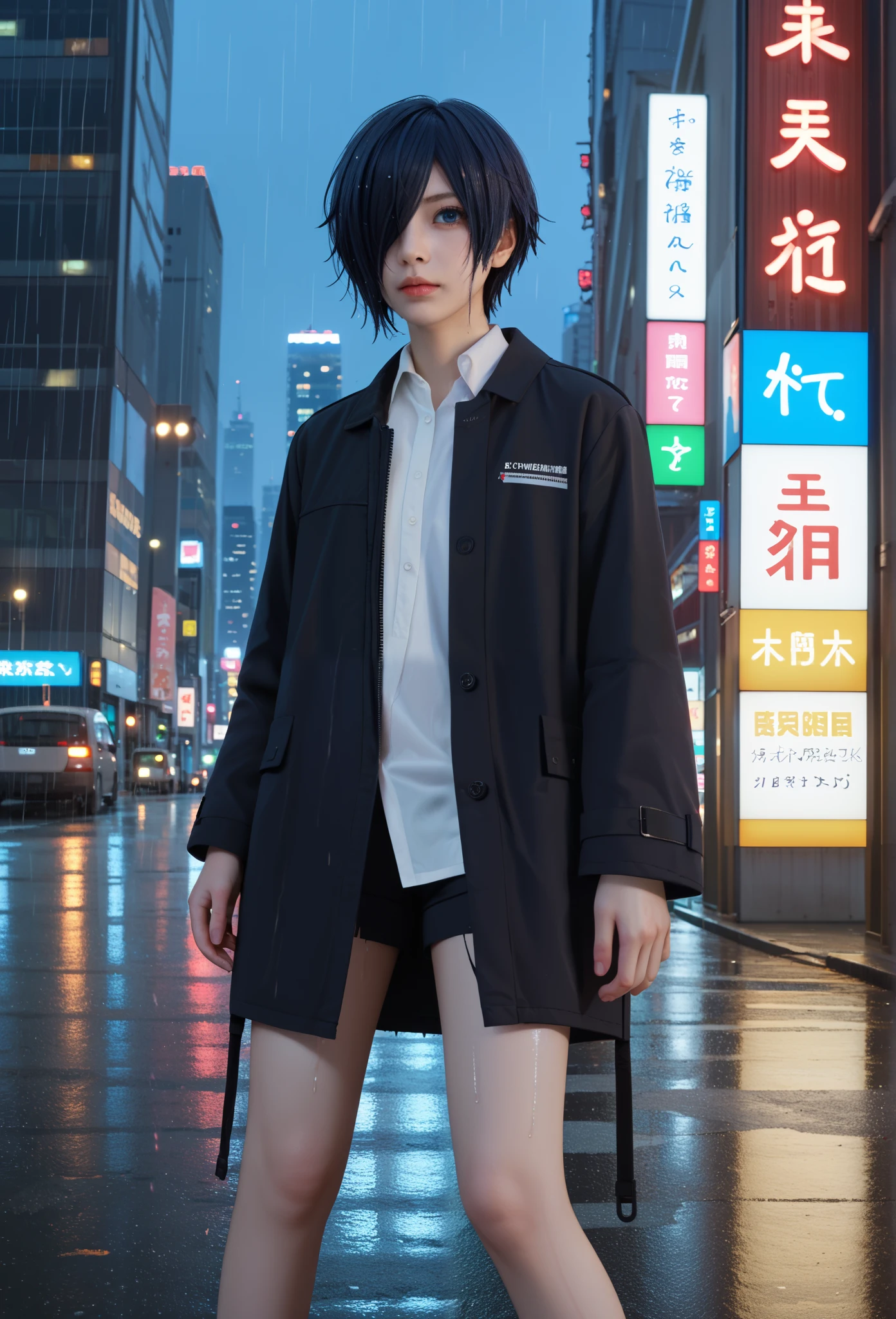 "A dark, rainy cityscape at night, with neon lights reflecting off the wet streets. In the center stands Touka Kirishima from Tokyo Ghoul, with a melancholic and contemplative expression, dark blue hair covering the left eye , dark blue eye,. She wears a long black coat over a white shirt, with a torn stocking on one leg,. Her hand is stained with a bit of blood, yet she delicately, symbolizing purity and hope. The atmosphere is cold and mysterious, reflecting her inner struggle and emotional strength, perfect background, Tokyo city background, The lights of the city of Tokyo detailed are reflected on her face