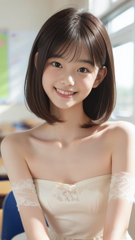 One girl, Shoulder-length short hair,Black Hair,smile, summer,room,Standing,Big eyes,Innocence,6th grade elementary school,Look here,Pink Tank Top,Small swelling in chest,transparent, (masterpiece, Highest quality), Soft Light, Structure of the film, Like a movie