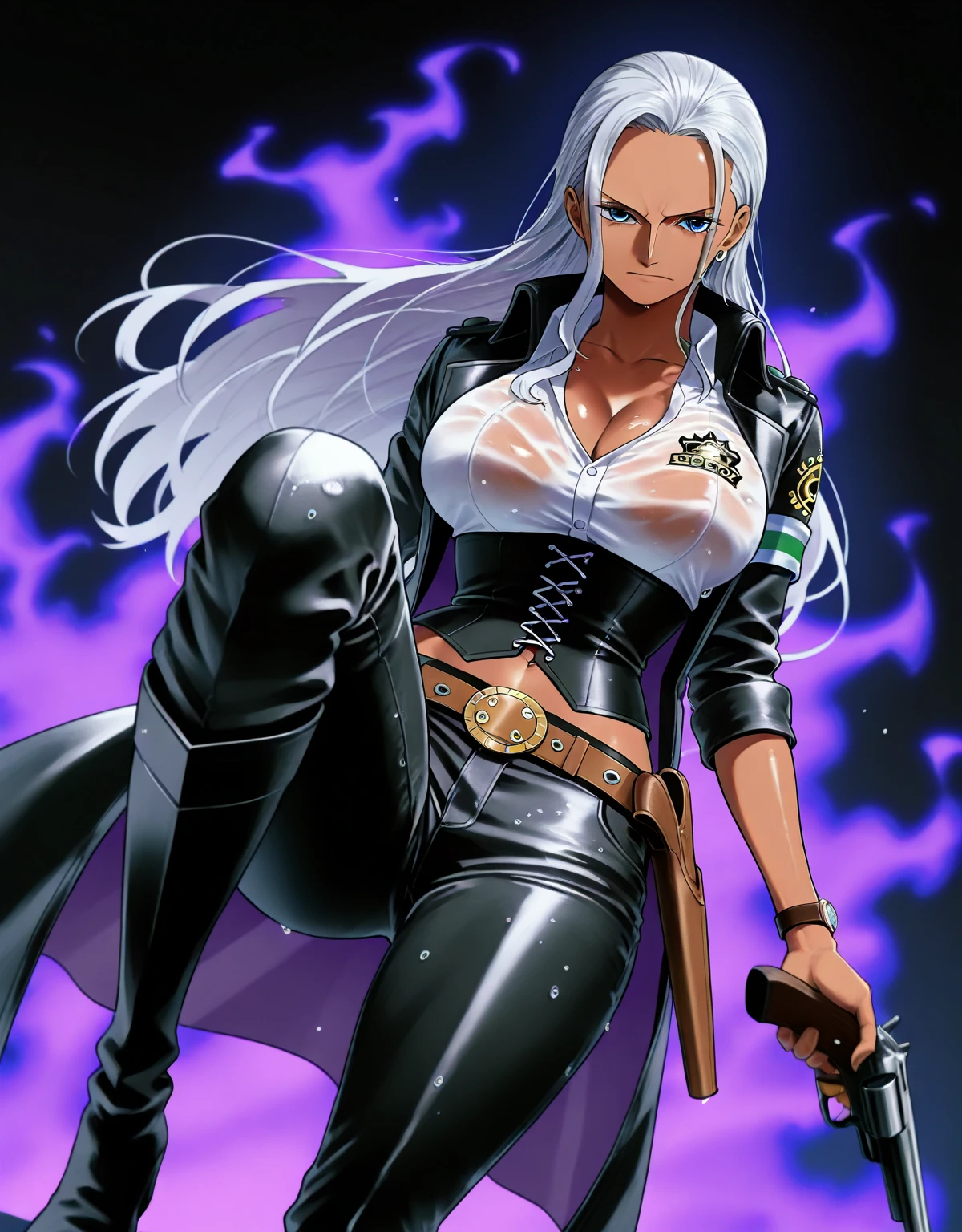 1 girl, Baiken from guilty gear, eye patch, grey hair, badass anime 8k, big , muscles, sexy, white background