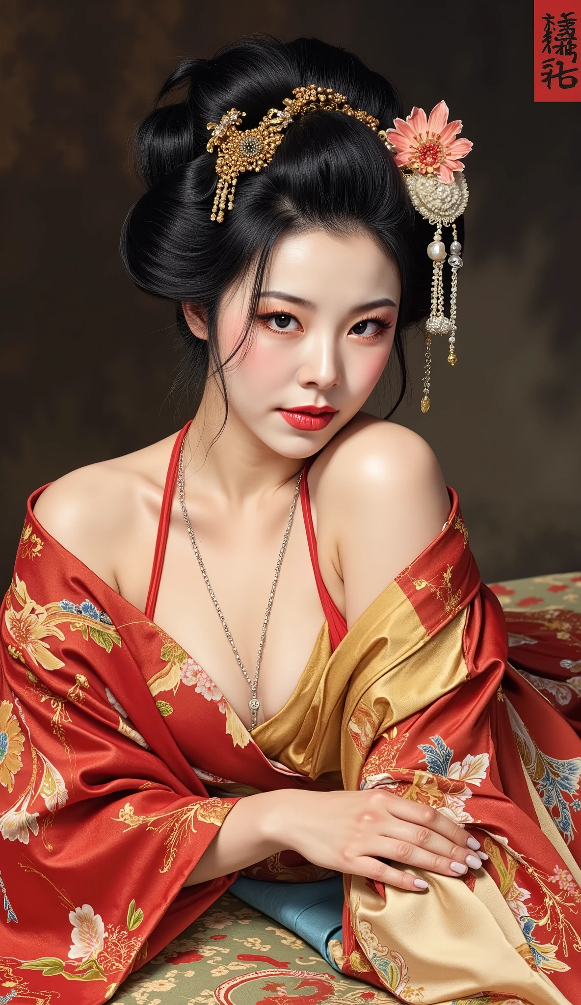 the proportions and detailed textures multicolored brushwork and softened with airbrush, a semi-realistic ink china illustration A young traditional geisha is shown lying on her right side on a futon (full body pose and in high quality) wearing traditional Japanese (western) attire, her facial features are delicate, innocent look, full lips and defined eyebrows, huge (and round) breasts, thick thighs, wide hips, slim and high waist, flat stomach. Her expression is serene. Her hair is styled in an elaborate up-do adorned with intricate ornaments and hairpins. The kimono she wears is richly decorated with floral patterns in shades of red, gold, and black, with open layers of fabric that leave her body and skin visible, including a bluish-beige bra and panties. The overall style is elegant and refined, capturing the essence of traditional Japanese art with a modern twist. The background is dark and blurred, drawing the eye to the subject and giving depth to the illustration. very balanced saturation in the color palettes very defined (color with monochrome shading and shine tones of red 25% + yellow 25% + blue 25% + biofluorescent 12.5% + transparencias 12.5%. Aesthetic fusion by (Fibonacci ratio. a poupée realiste of a young Michelle Yeoh. female young girl she has a pink skin with white-grey tones that give contrast and shine character type. Fluid texture of fine, thin fabric that molds to your figure (her clothes with relief and folds give volume and depth to the character) style. Sharp Highly Detailed Soft Focus, Approaching Perfection, Full HD 8K, High and Low Angles. of milo manara, Gianni Versace, Coco Chanel, Alberto Vargas, Greg Rutkowsk art style, wh3ein
.