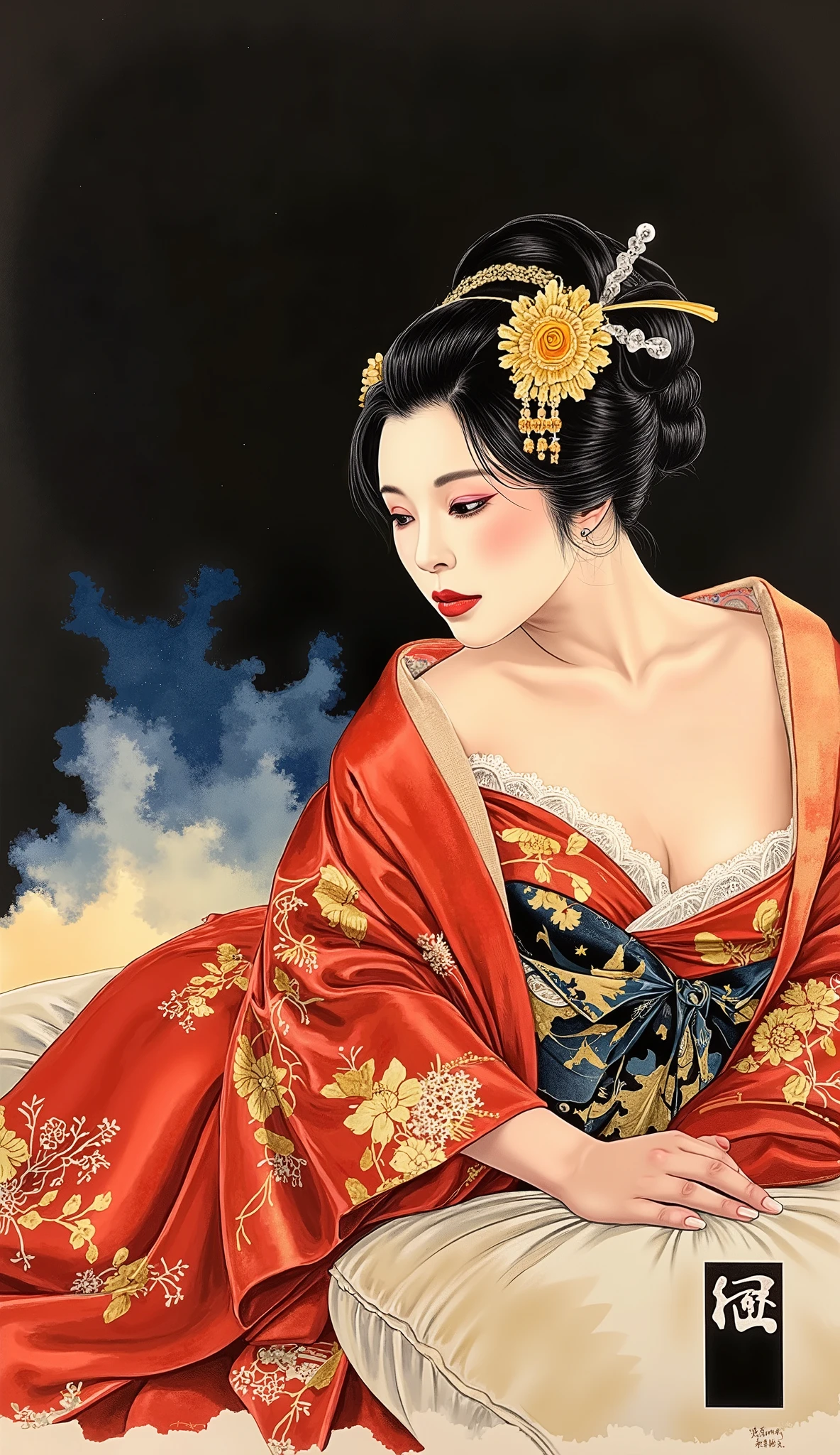the proportions and detailed textures multicolored brushwork and softened with airbrush, a semi-realistic ink china illustration A young traditional geisha is shown lying on her right side on a futon (full body pose and in high quality) wearing traditional Japanese (western) attire, her facial features are delicate, innocent look, full lips and defined eyebrows, huge (and round) breasts, thick thighs, wide hips, slim and high waist, flat stomach. Her expression is serene. Her hair is styled in an elaborate up-do adorned with intricate ornaments and hairpins. The kimono she wears is richly decorated with floral patterns in shades of red, gold, and black, with open layers of fabric that leave her body and skin visible, including a bluish-beige bra and panties. The overall style is elegant and refined, capturing the essence of traditional Japanese art with a modern twist. The background is dark and blurred, drawing the eye to the subject and giving depth to the illustration. very balanced saturation in the color palettes very defined (color with monochrome shading and shine tones of red 25% + yellow 25% + blue 25% + biofluorescent 12.5% + transparencias 12.5%. Aesthetic fusion by (Fibonacci ratio. a poupée realiste of a young Michelle Yeoh. female young girl she has a pink skin with white-grey tones that give contrast and shine character type. Fluid texture of fine, thin fabric that molds to your figure (her clothes with relief and folds give volume and depth to the character) style. Sharp Highly Detailed Soft Focus, Approaching Perfection, Full HD 8K, High and Low Angles. of milo manara, Gianni Versace, Coco Chanel, Alberto Vargas, Greg Rutkowsk art style, wh3ein
.