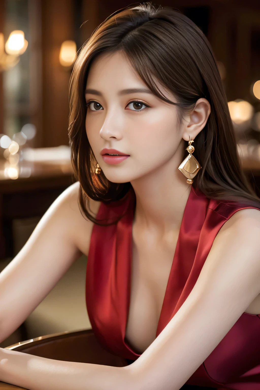 NSFW, ((masterpiece)), highest quality, Accurate, UHD, retina, Super detailed, Award history, High resolution, anatomically correct, (realistic:1.4),Raw photo,(Soft saturation:1.3),(Fair skin:1.2),rough skin, 8K,1 girl, alone, mature adult woman, Beautiful Evil, evil and sneaky sexy woman, (perfectly beautiful woman, perfectly beautiful face, Perfectly beautiful eyes, perfectly beautiful nose, perfectly beautiful nose孔, perfectly beautiful lips),(Chestnut hair tied on top of head),(compensate:1.3),(eye reflection:1.3, solid circle eye, ring-shaped eyes, Sparkling pupils:1.2, long eyelashes:0.7, amber eyes),(crystal earrings, sparkling gold necklace), sleepy, parted lips, boredom, (enchanting smile:1.4, cruel smile:1.4), (dark red lips:1.3,glossy lips:1.5,lip reflection:1.5), break, (clavicle, cleavage, huge saggy breasts, Off-the-shoulder silk white dress:1.5),(indoors, at the bar, she is sitting at the counter:1.5),(Detailed texture of wrinkles in clothing:1.3), looking at the viewer, full body