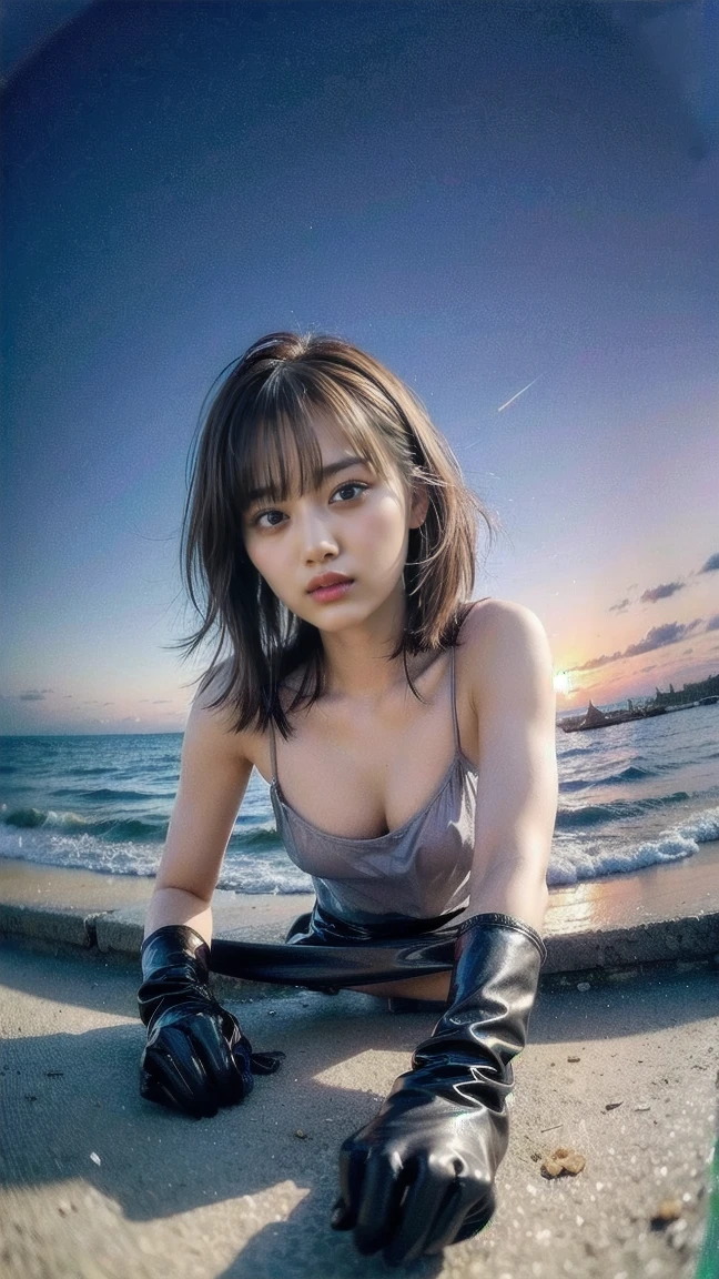 (highest quality, masterpiece, photo-realistic, super detailed, ultra high resolution, born:1.3), (1 girl, cute, Japanese), white skin, (beautiful girl, slender girl: 1.3), (19 years old: 1.3), ((black, coarse mesh body Suit Left and right chest only open, long sleeves: 1.3)),((black, coarse mesh body Suit Left and right chest only open, long sleeves: 1.3)),(smile), (Iron plate上の胸, Iron plate), outdoor、coastal、sea in the background、Grilled meat on an iron plate、BBQ, bangs,((Exposed breasts))) ,(((Nipples exposed))),