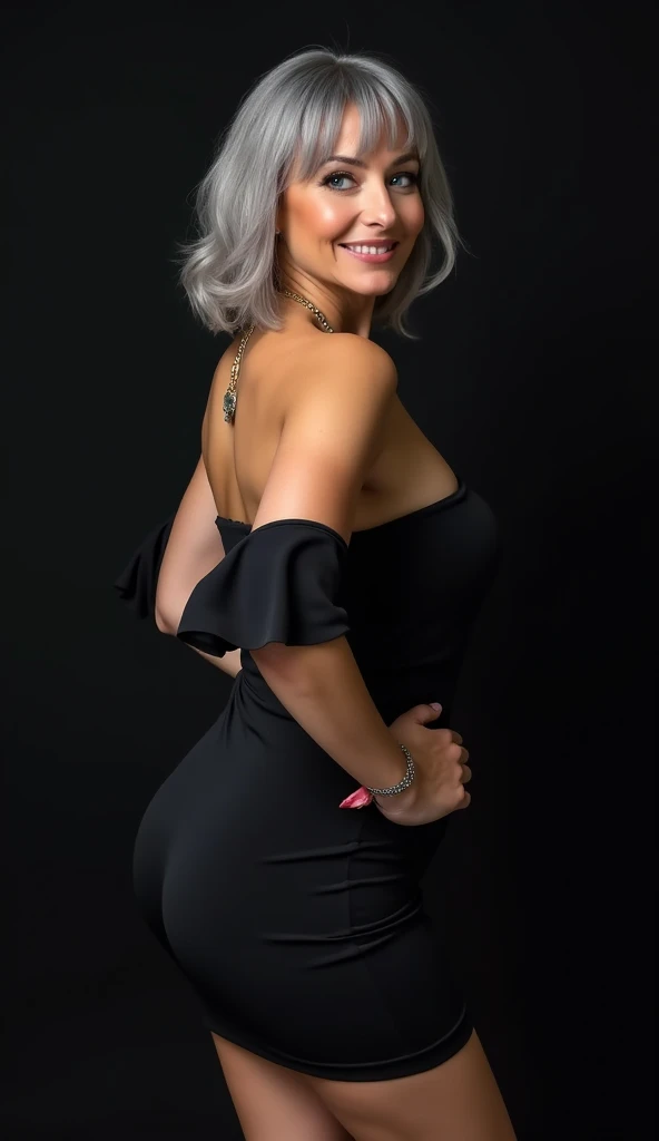 1 woman in, 60 years old, Alone, medium casual hair, Bob hair, curvy body, Looking at Viewer, grayblondehair, Bare shoulders, Brown eyes, jewely, Full body, a necklace, off shoulders, (wearing elegant patterned grey heart dresses tie tube), Distant photo, Realistic, A sexy o beautiful colour, Perfect skin, 3 bust size, instagram (Realistic, A high resolution),photo size 3:4, 1 cute sexy matuwomane expressive blue eyes, happy, (8K, raw photo, Best quality, High detail, curvaceous forms, curvy body, seductive pose, in the studio Foto with three ports lighting, with black wall background. Her back is turned to the photographer. She smile with Extraordinary Pleasure expression.