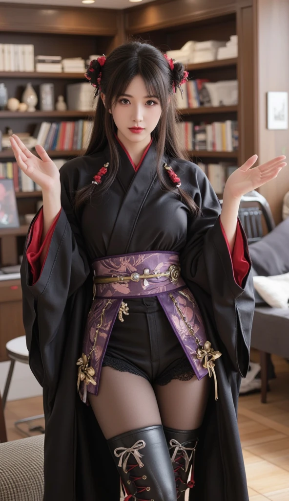 (Absurdly , high quality , Very detailed,Fox God watching the photographer)、(((Black Hair、Black fox ears)))、A gorgeous Japanese kimono in a variety of colors, beautifully detailed with intricate patterns and traditional designs.、((hair ornaments、Earrings、Black Pantyhose、short boots))、((Tattoo))、(masterpiece, 最high quality, 最high quality, Official Art, Beauty and aesthetics: 1.2), (One person: 1.3)