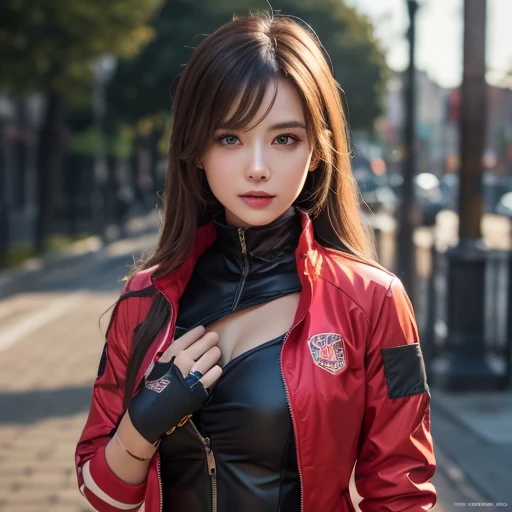 (Digital Cyberpunk Art)、High resolution、8k、A beautiful teenage girl riding a red 1000cc motorbike、CBR1000、One Japanese woman、Medium chest、Brown short hair、Wear a red riding suit, Driving on the highway at night