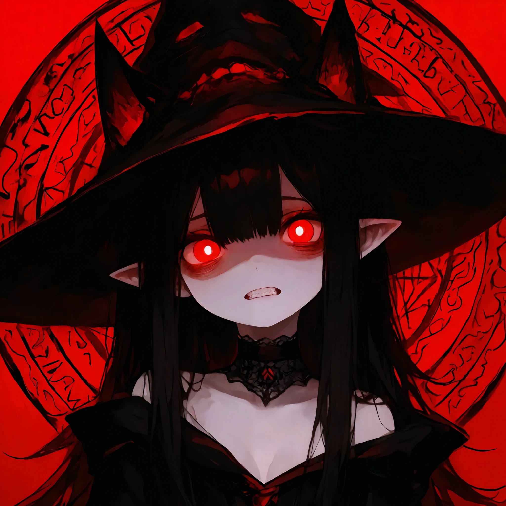 748cmstyle, masterpiece, best quality, newest, ultra HD, absurdres, very aesthetic, 4k, perfect anatomy,(chiaroscuro:0.5), ultra detailed ears, ultra detailed eyes, ultra detailed teeth, black witch hat, black hair, messy hair, long hair, side bangs, red eyes, white pupils, glowing eyes, bags under eyes, gray eyeliner, jagged teeth, pointed ears, off shoulder, black witch hat, black witch dress, choker, cleavage, small breasts, pale skin, bare shoulders, oversized long sleeves, eyes half-closed, red magic circle, red background, red theme, chibi , portrait , face close-up