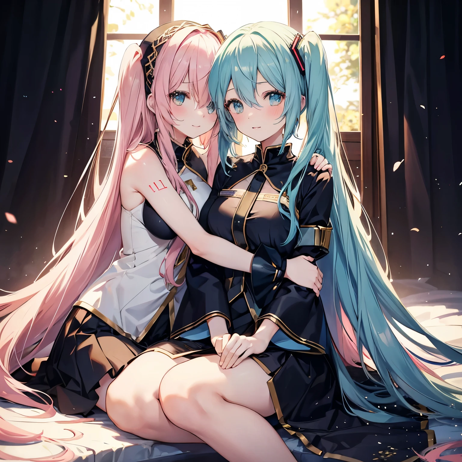 hatsune miku,Megurine Luka,2 girls,high definition, long hair, and looks, blush, smiles, opens her mouth, top quality, hugging,sitting