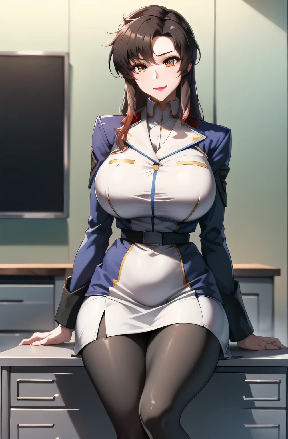 score_9, score_8_up, score_7_up, score_6_up, source_anime, BREAK masterpiece, SHERMIECLAS, hair over eyes, split ponytail, clothing cutout, skirt, white jacket, white skirt, leotard, long sleeves, sitting, seductive smile, finger to mouth, shushing, couch, crossed legs, 