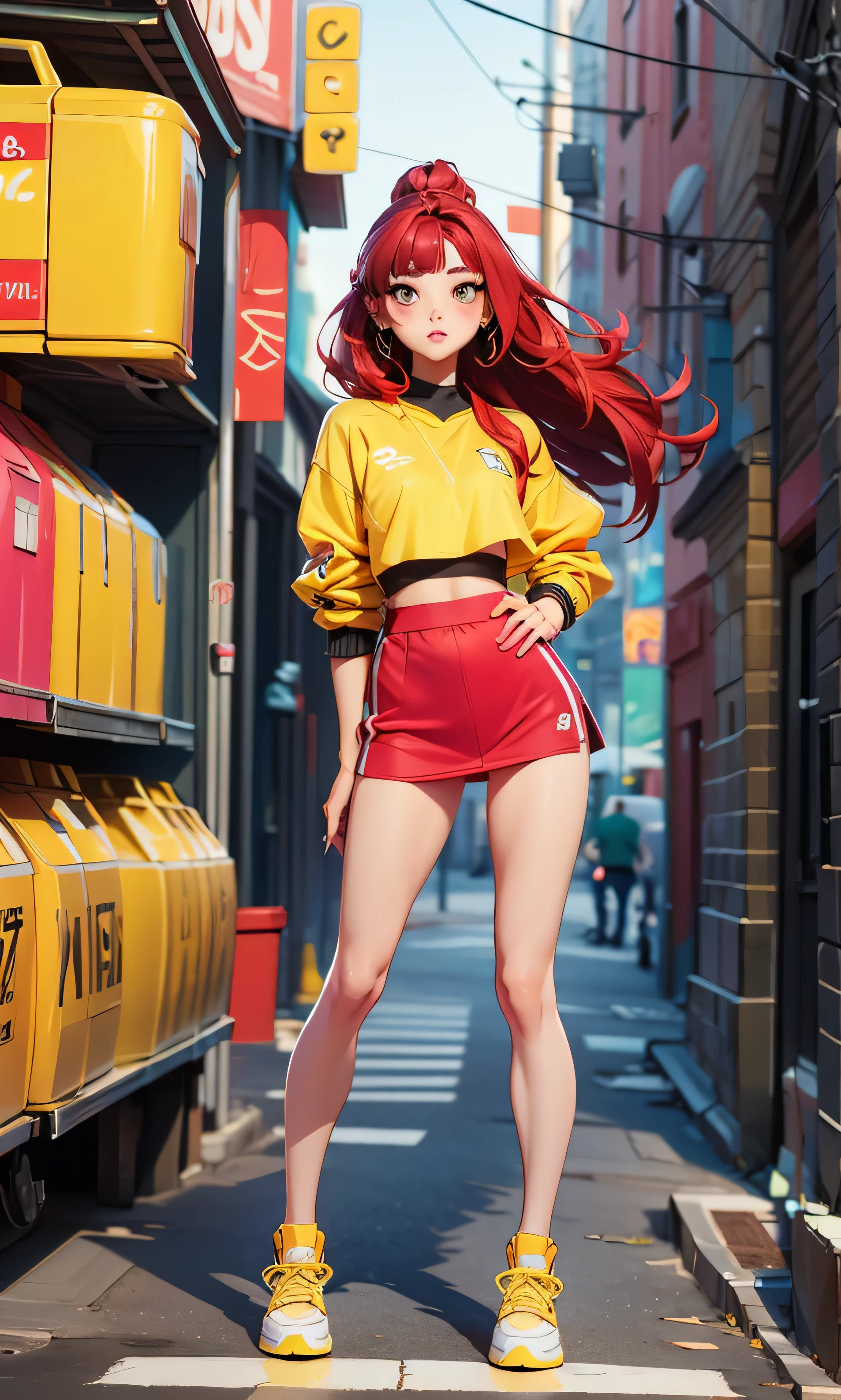 Masterpiece, high facial detail, a beautiful girl, Yuna ITZY, actress yuna, red hair, black eyes, blushing, full body, a tall girl, flat chest, abdomen, textured skin, nice legs, long legs, yellow leotard, yellow sport shoes, head on, standing, sexy pose, in the street, full capture,