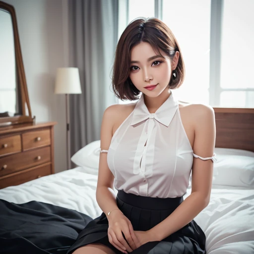 (1girl:1.3), Masterpiece, Best quality, amazing beauty, 4K, absurdres, finely detail, super detailed eye, perfect anatomy, official art, cinematic lighting, BREAK, bedroom, silky short hair, black hair, super shiny detailed blue eyes, embarrassed, BREAK , big breasts, sitting bed in bedroom, BREAK , (school uniform:1.2), BREAK,()