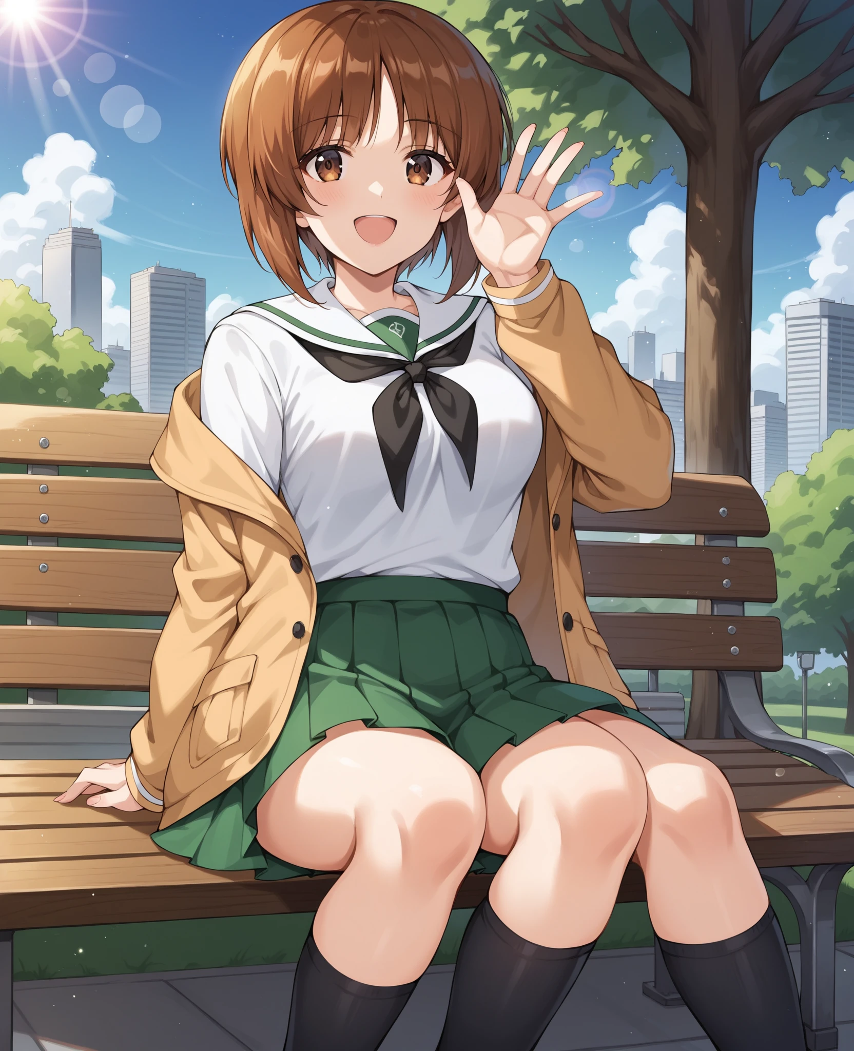 masterpiece, best quality, <lora:masaki-nvwls-v1-000009:0.8> kurosaki masaki, serafuku, brown uniform, long sleeves, pleated skirt, socks, loafers, sitting, from below, smile, waving, :D, stairs, blue sky
