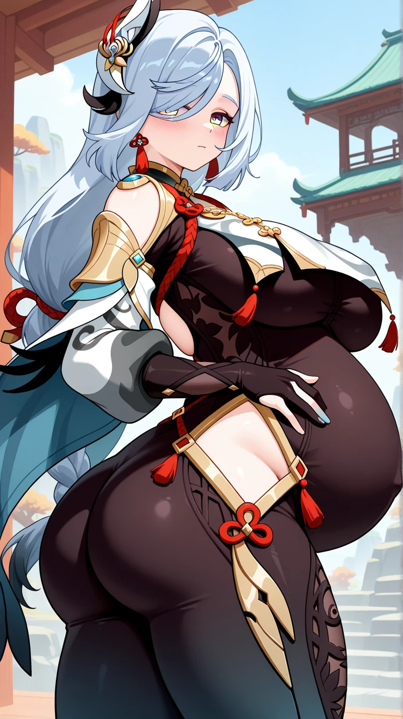 Ning Guang (Genshin), 1 girl, long hair, breasts, looking at viewer, blushing, bangs, large breasts, hair accessory, red eyes, dress, hugging, bare shoulders, closed mouth, white hair, heart, solo focus, looking back, facing away, sitting, sitting on glass chair, on glass panel, visible female genitalia, visible vagina, visible pussy, visible vagina, Chinese dress, tassels, cheongsam