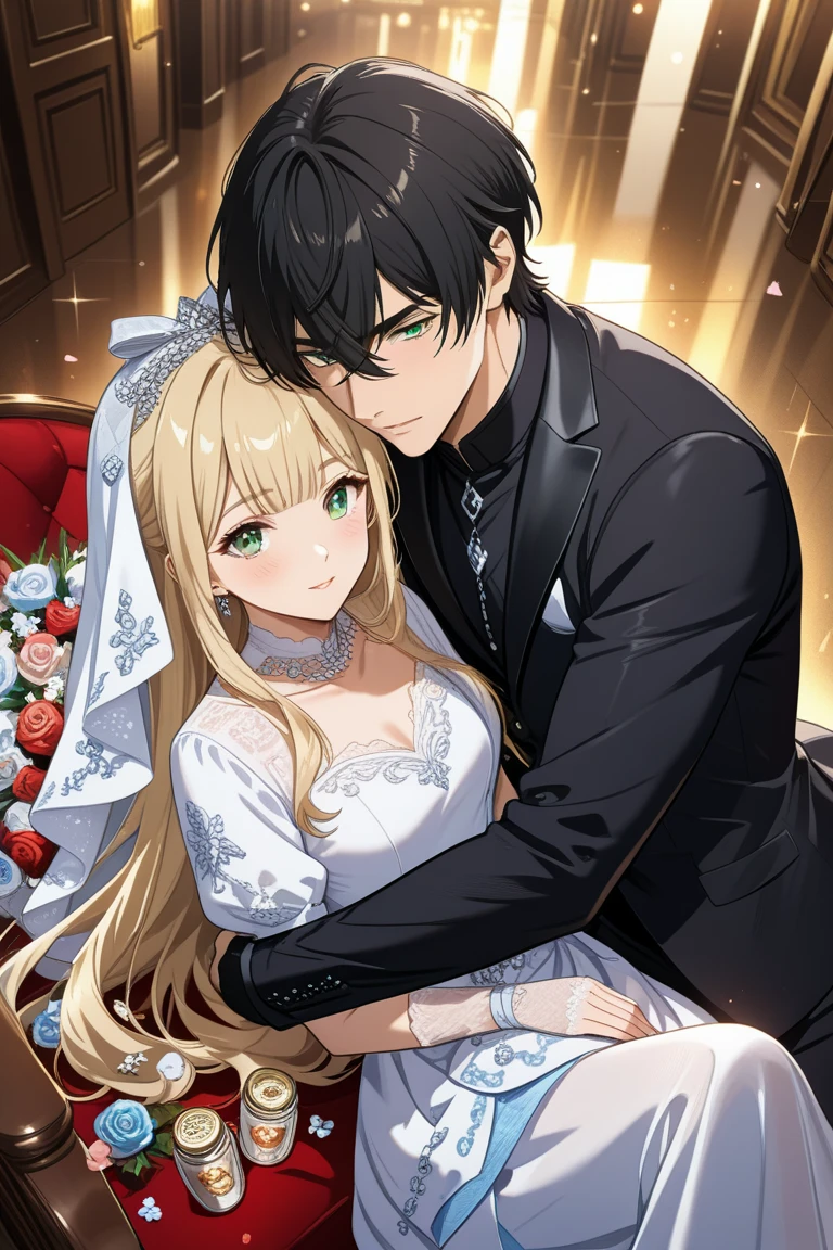 ((Highest quality)), ((masterpiece)), (detailed), (Perfect Face)、A woman is passionate about making love with a man々A loving couple is having sex with their genitals connected, deeply loving each other.、The woman is the evil queen, Dark Tearju, an evil transforming heroine with green eyes, blonde medium-long hair, a gorgeous evil queen dress with gold embroidery and trim, gorgeous accessories, and an engagement ring. With a truly happy expression on her face, she embraces the man she loves, snuggles up to him, happily accepting his caresses, kissing him, and having sex with him.、The man is the evil king, Naioro, a handsome man with medium-long blonde hair, wearing a black bodysuit, and doting on the woman, embracing her, fondling her breasts, having sex, and making love.、A man and a woman are sitting close together on a luxurious throne, making love.、A man and a woman are a deeply loving couple