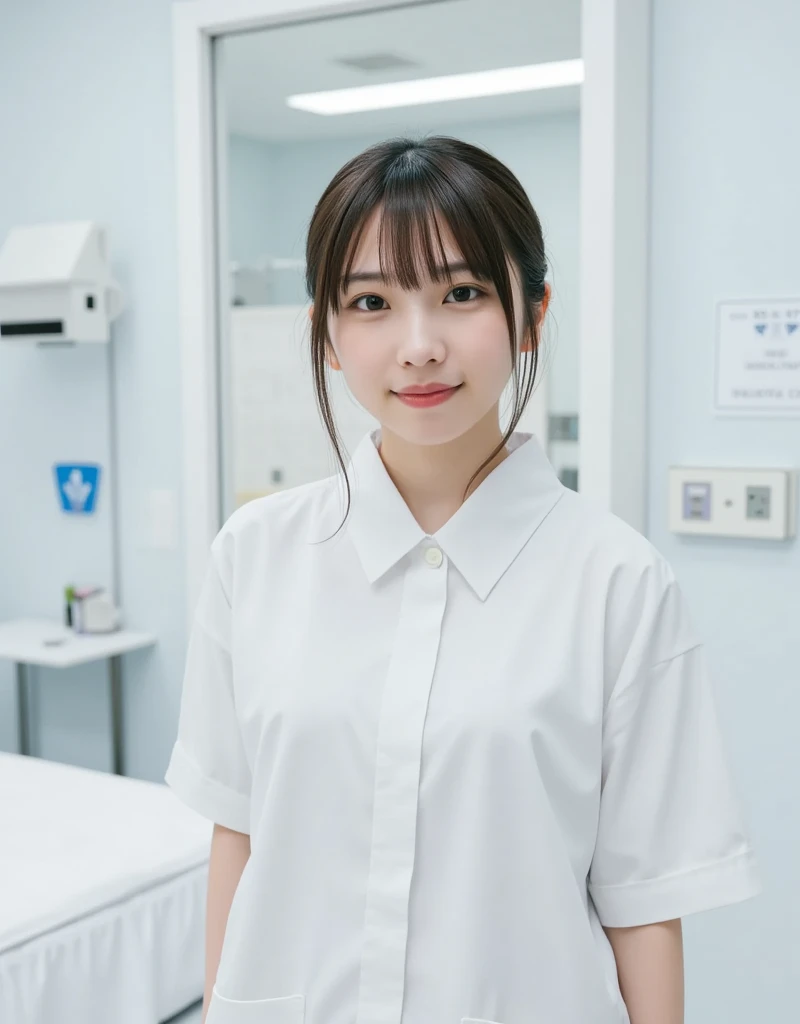 ((1 nurse,white nurse uniform、Basic Nurse Cap,All white,short white tight skirt,Photo seen diagonally from above,Take a photo from above,Look at me with a smile,looking at camera,look at the camera,Treatment room in a hospital room,have a clipboard,Take photos from up close to her)),very detailed顔、wear a stethoscope around your neck,double eyelid、white and clean teeth,brown eyes,chest enhancement,emphasize body line,smile at me lovingly、gentle expression、beautiful lips,Detailed depiction of the background of the hospital room,perfect lighting、Award-winning work,table top,Natural light,natural soft light)),((looking at camera,big smile,white teeth,A big smile,カメラを見つめるA big smile),((High-definition RAW color photo, professional photos, very delicate and beautiful, very detailed,finely, huge file size,best image quality,8k,Photo taken with a single-lens reflex camera、extreme intricate detail, 120k, ultra hd, masterpiece))