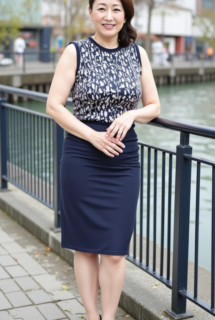 日本人 Mature Woman, (alone), 50 years old, (Wrinkles around the eyes:1.2), Large Breasts, Mature Woman, Glamour, Sexy, Chromo White Skin, View your viewers、Oversized breasts、Wearing a sleeveless turtleneck、Tight-fitting knit dress with a sew-up、Black Pantyhose、High heels、smile、Public place、Crossing your legs