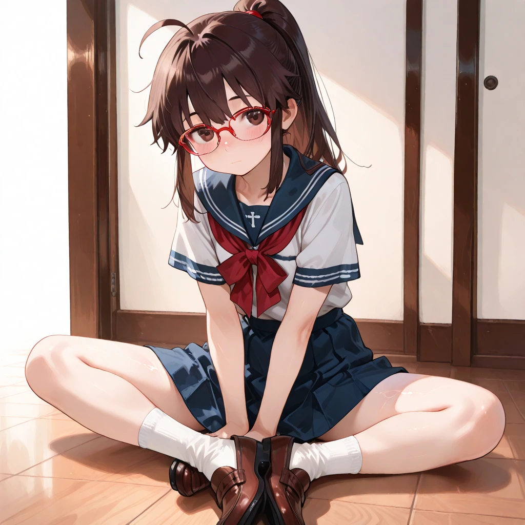 (Big red round glasses:1.3)、(Timid girl、blush、Watery eye:1.2)、Long black hair、White short sleeve shirt、Navy blue shorts、Gym suit、 body、Flat 体、Gym suitショートパンツ、Wide-legged shorts、Shorts and thigh gap