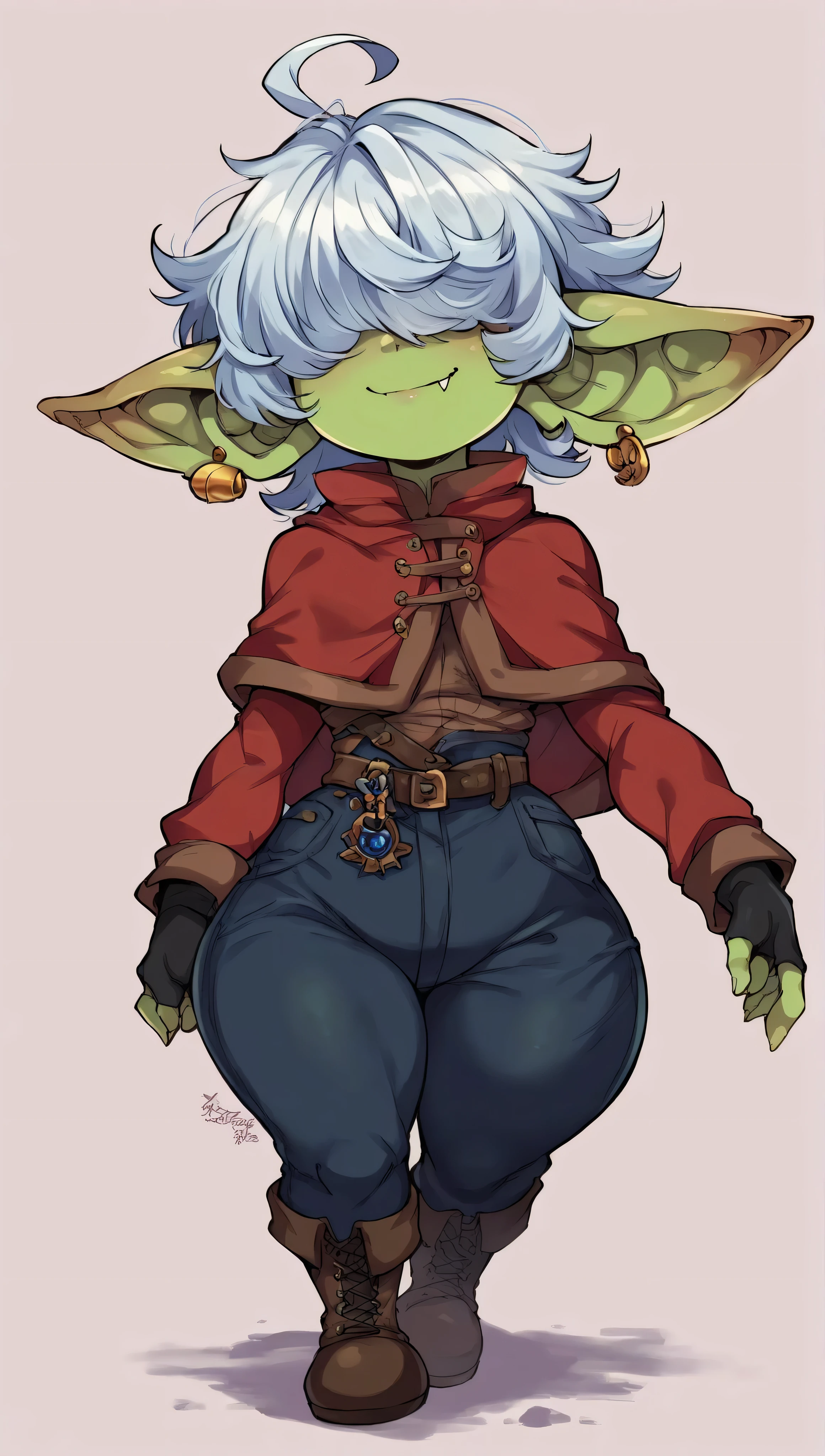 score_9, score_8_up, score_7_up, score_6_up, score_5_up, score_4_up, masterpiece, high quality, full body, 1girl, full body, GobGirl, green skin, short, ((tomboy)), muscular body, athletic and robust body, long ears, large ears, piercings, colored skin, monster_girl , 1girl, pointy ears, goblin, ((shortstack)), long pointy ears, earrings, fang, covered eyes, standing , looking at viewer , walking , ((short hair, messy and wavy hair, silver hair, long messy sidelocks, ahoge, hair strand)) , ((hair over eyes)) , tycoon rich merchant outfit , (short tunic), long sleeves , (short hooded capelet) , ((black leggings)) , fingerless gloves , boots , ((mischievous look)) , playful smile , jewelry , hair ornament , closed mouth