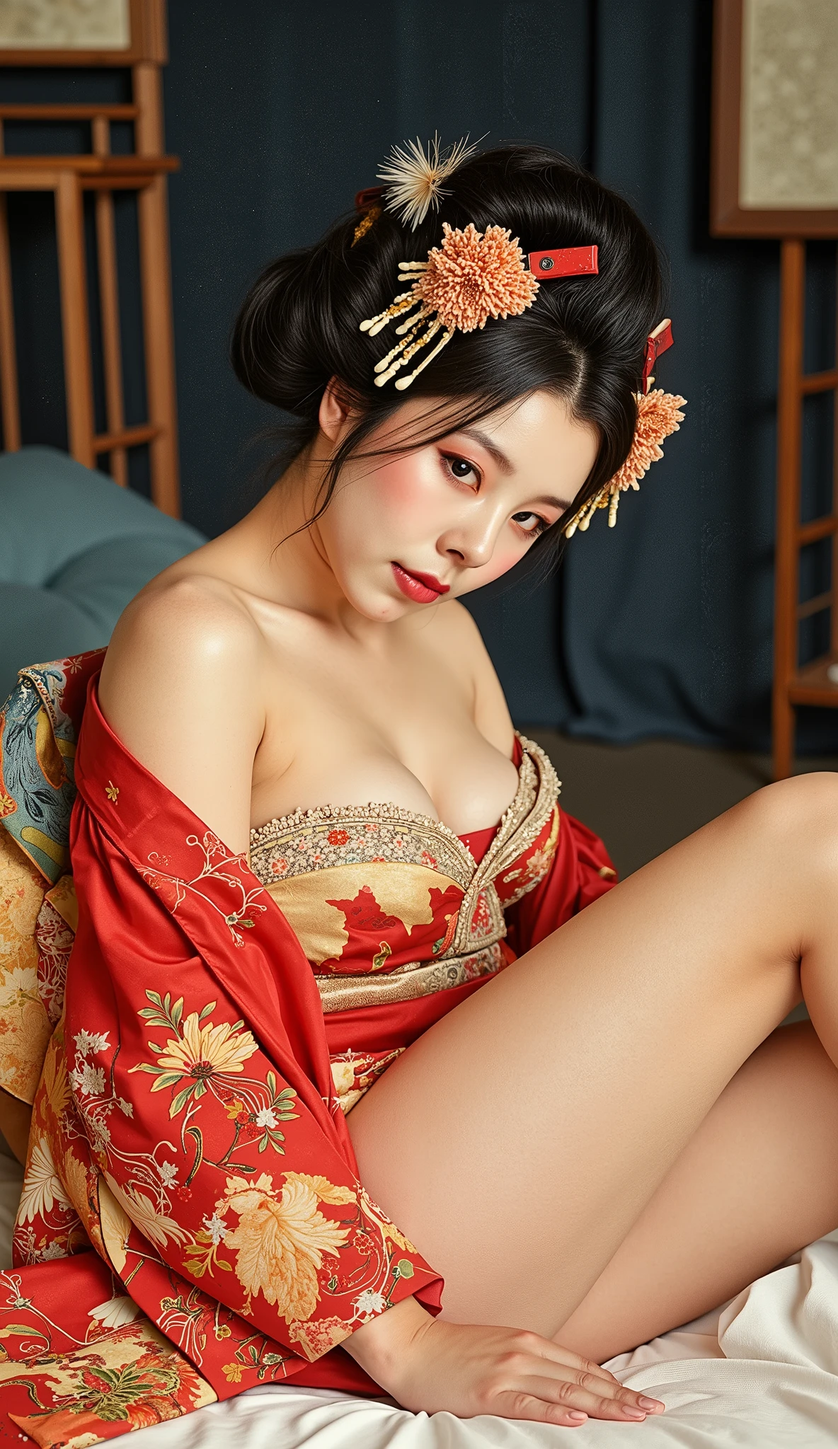 (8k, RAW photo, best quality, masterpiece:1.2), (realistic, photo-realistic:1.4), ultra-detailed, perfect anatomy, perfect limbs, perfect hand, (Natural skin texture, Hyperrealism, 8K RAW Photos, High resolution:1.2), (Realistic, photoRealistic), (Very detailed, Exquisite detail and texture, Delicate and beautiful), Shallow depth of field, Absurd, Cinema Lighting, BREAK, One person, Oiran, Realistic proportions, 20-year-old Japanese, (Sexy, detailed and beautiful face:1.2), bangs, Beautiful Eyes, (Open your neckline wide to show your shoulders, Crossing your legs, compensate, Red lips, necklace, Earrings, Sexy pose, (Above the knee shot), Wide sleeves, Long sleeve, Topknot, Robe, Hair Flower, Women's clothing, women's accessories, A Japanese kimono with vibrant colors and patterns,
