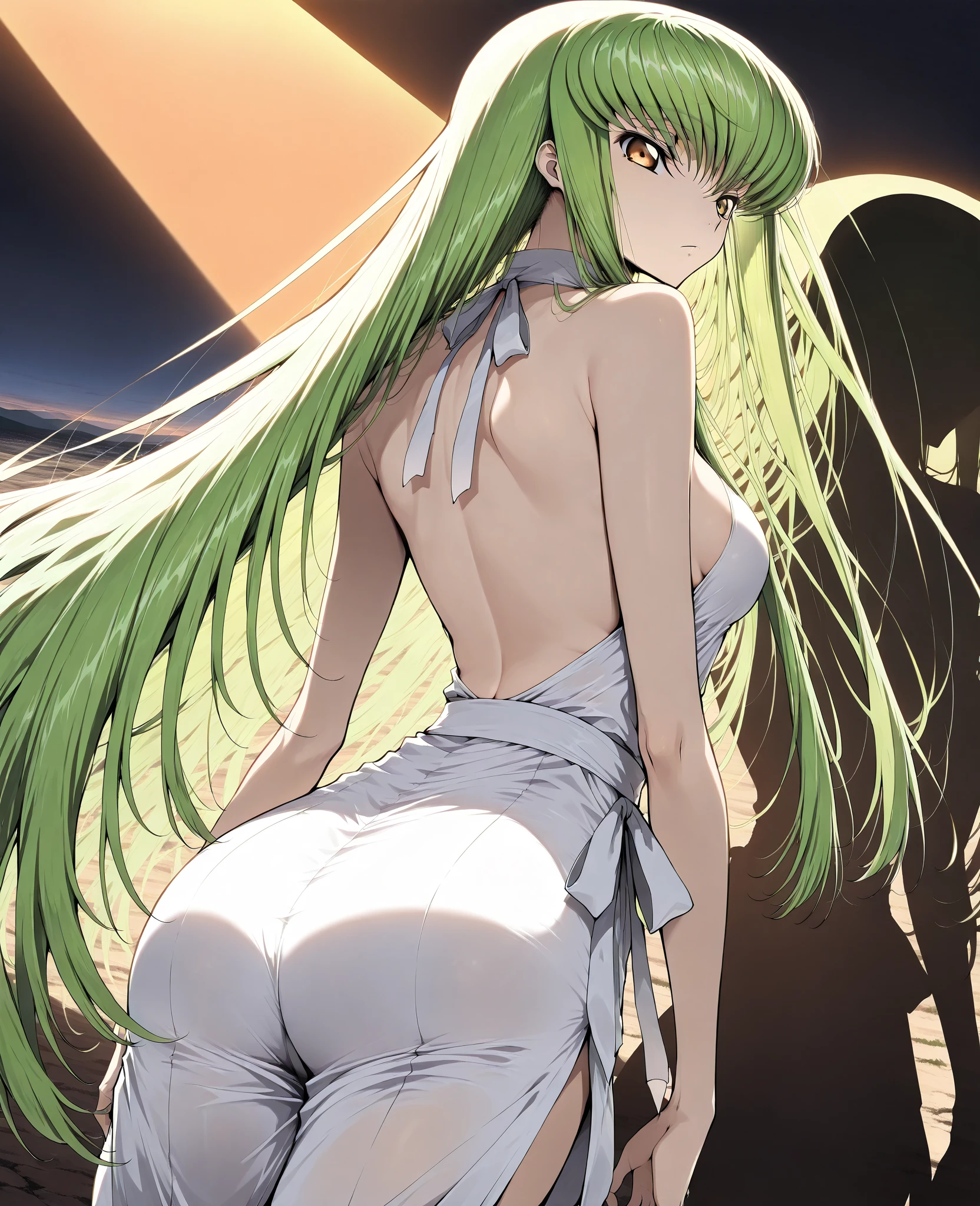 1 girl, alone, d.c., expressionless, frowning, (masterpiece, best quality, ultra detailed, best shadow, volumetric lighting), (beautiful detailed face, beautiful detailed eyes), (best lighting), orange eyes, long hair, green hair, (white lingerie with white lace: 1.1), one-piece lingerie, hand, holding hip, (cowboy photo: 1.3), medium breasts, medium waist, wide hips, wide thighs, round butt, castle, room , bedroom, clear lighting, standing, looking at the viewer, looking back, from behind, I focused on the ass, point of view (from below), mksks style, sexy body, beautiful background, professional lighting, landscape with warm colors, perfect anatomy, perfect hands