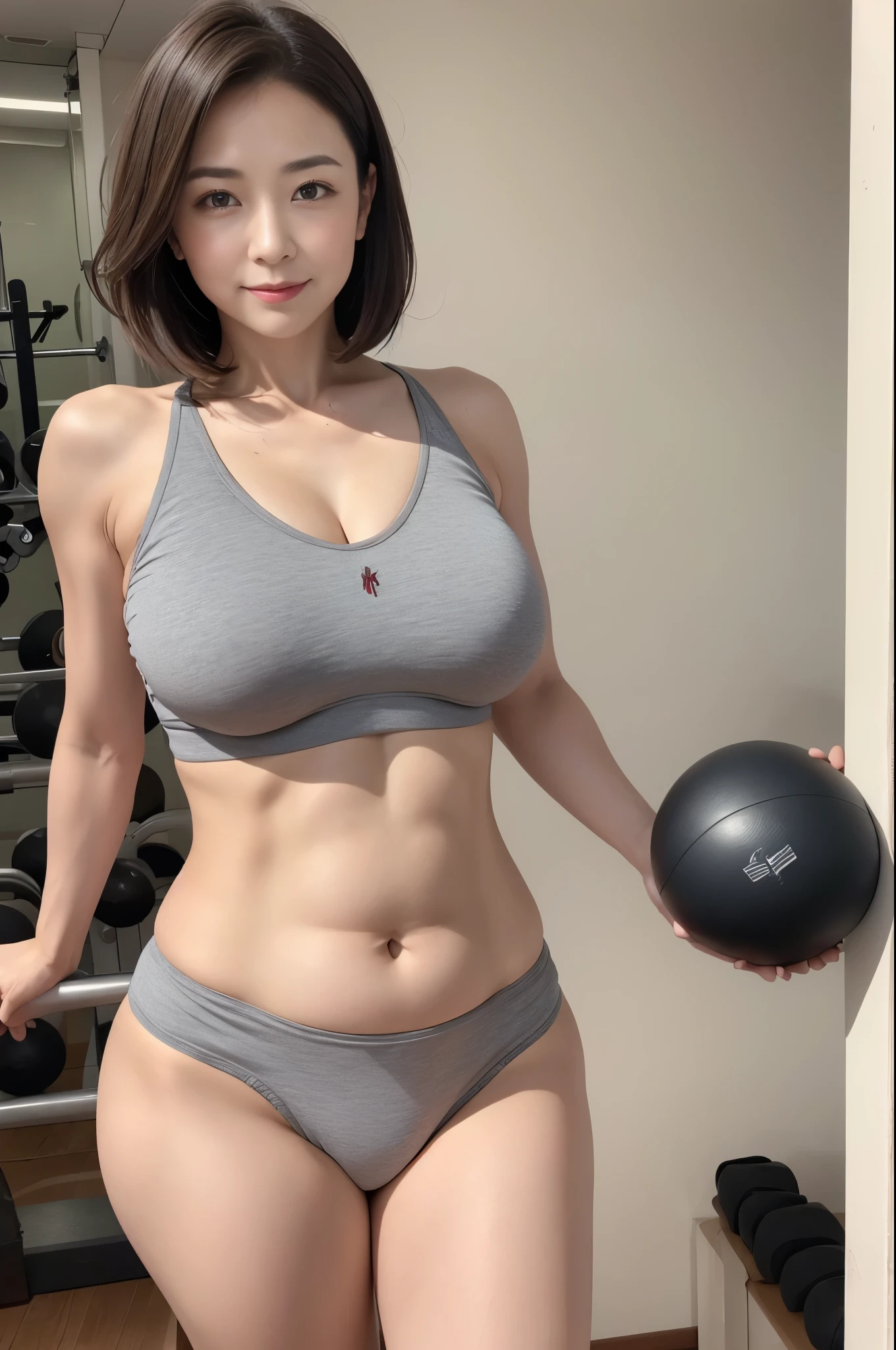 ((Top image quality、8K、masterpies:1.3))、girl with、Beautiful woman with slim abs accent:1.3、(poneyTail、Super boobs:1.4)、gym、String bikini、Sit on the balance ball、((open one's legs)), Super Detail Face、Delicat eyes、二重まぶた、Soft breasts、facial expression of smile、Ultra exposed cleavage
